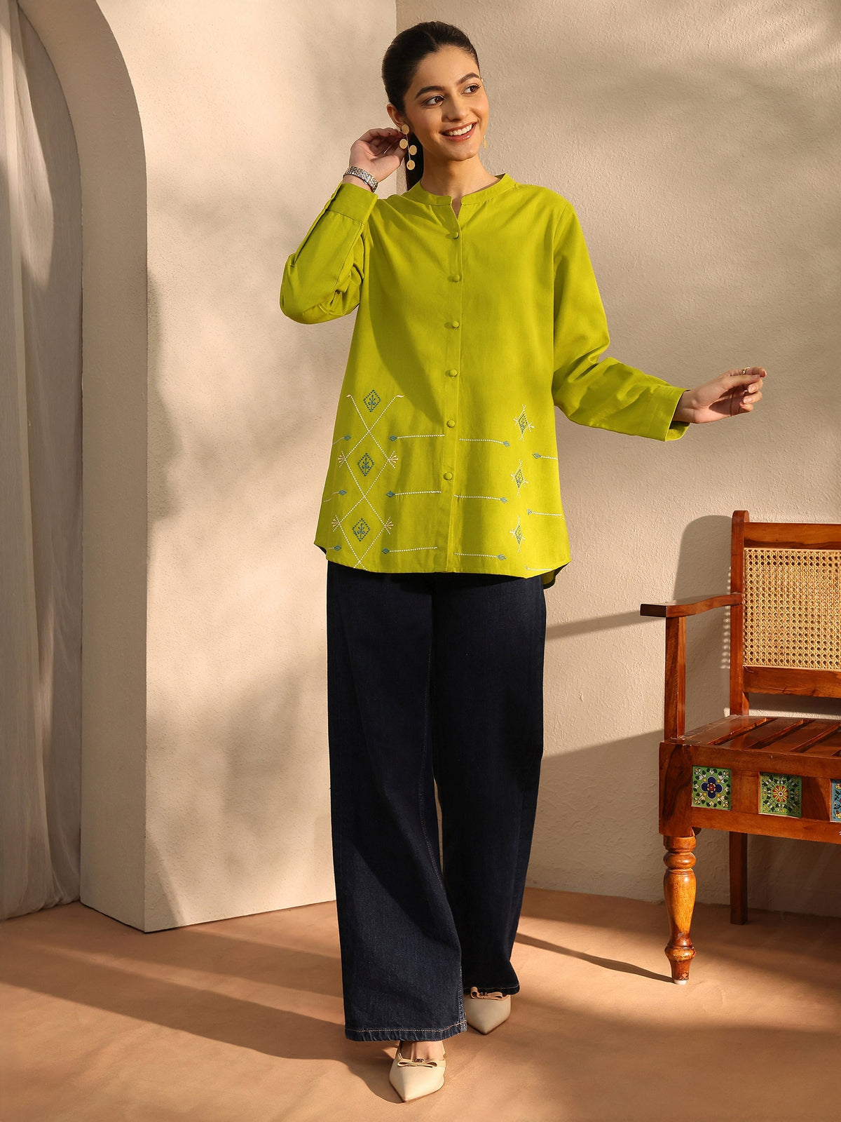 Libas Lime Green Self Design Linen Shirt