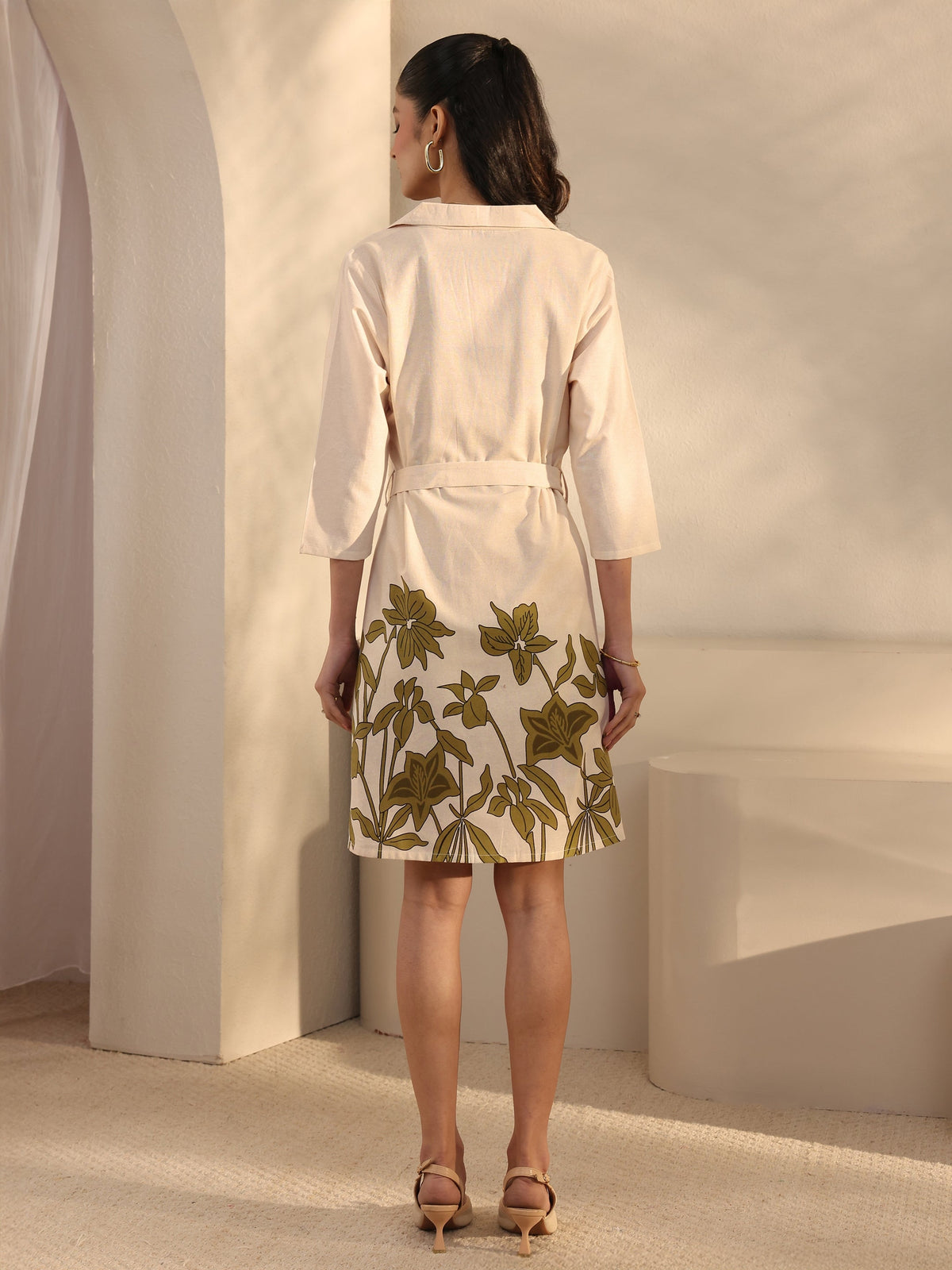 Libas Off White Floral Printed Cotton Blend Shirt Dress With Waistbelt