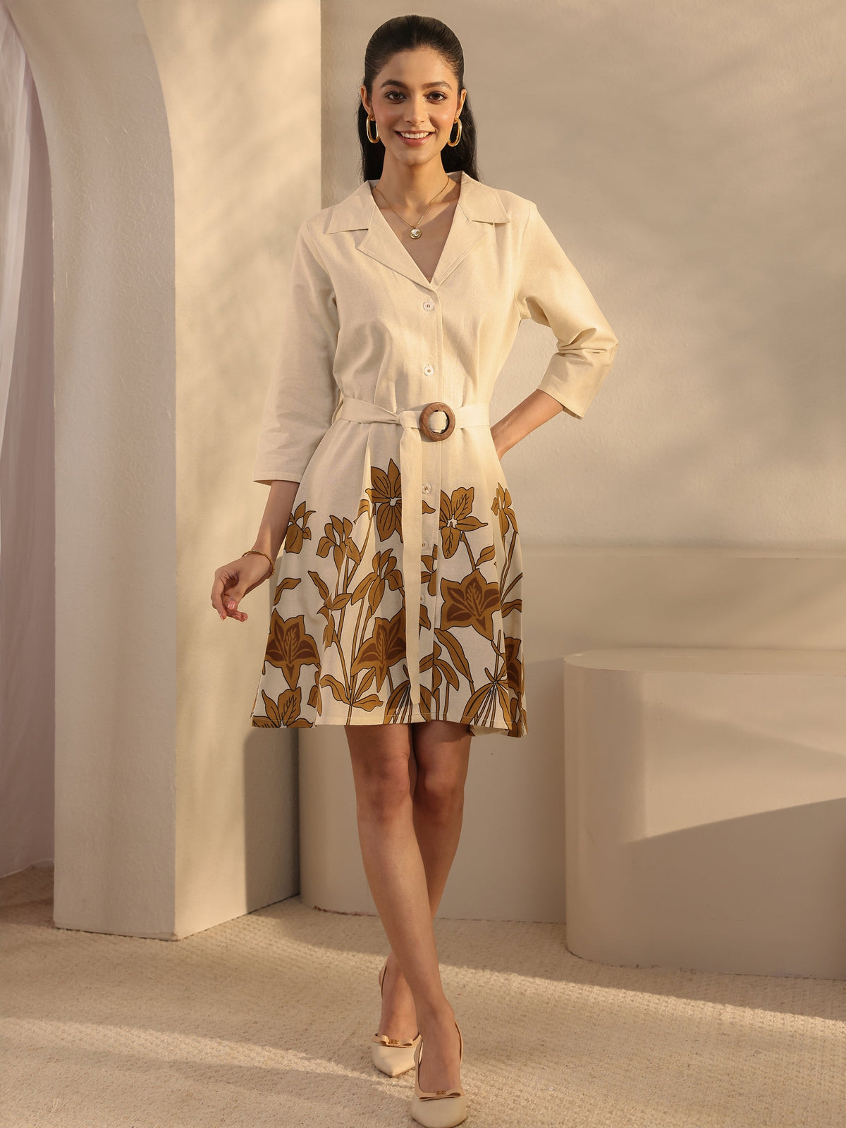 Libas Off White Floral Printed Cotton Blend Shirt Dress With Waistbelt