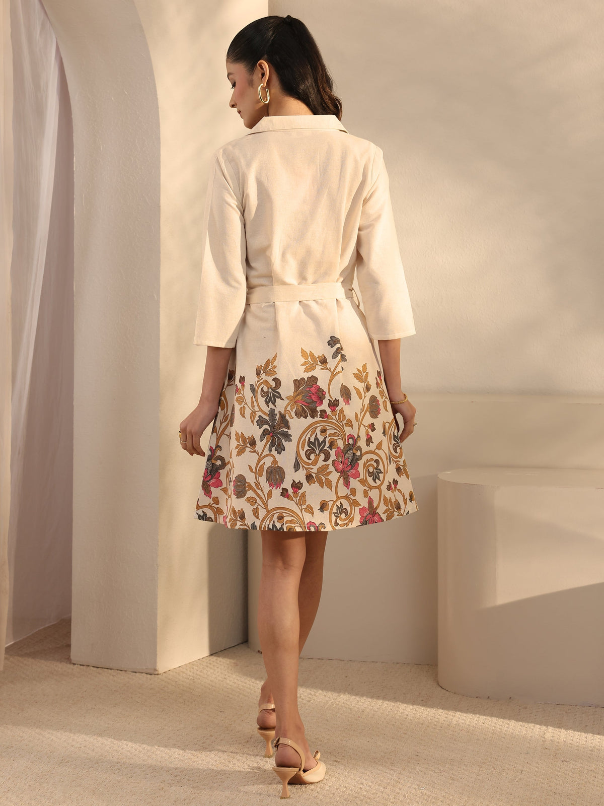 Libas Off White Floral Printed Cotton Blend Shirt Dress With Waistbelt