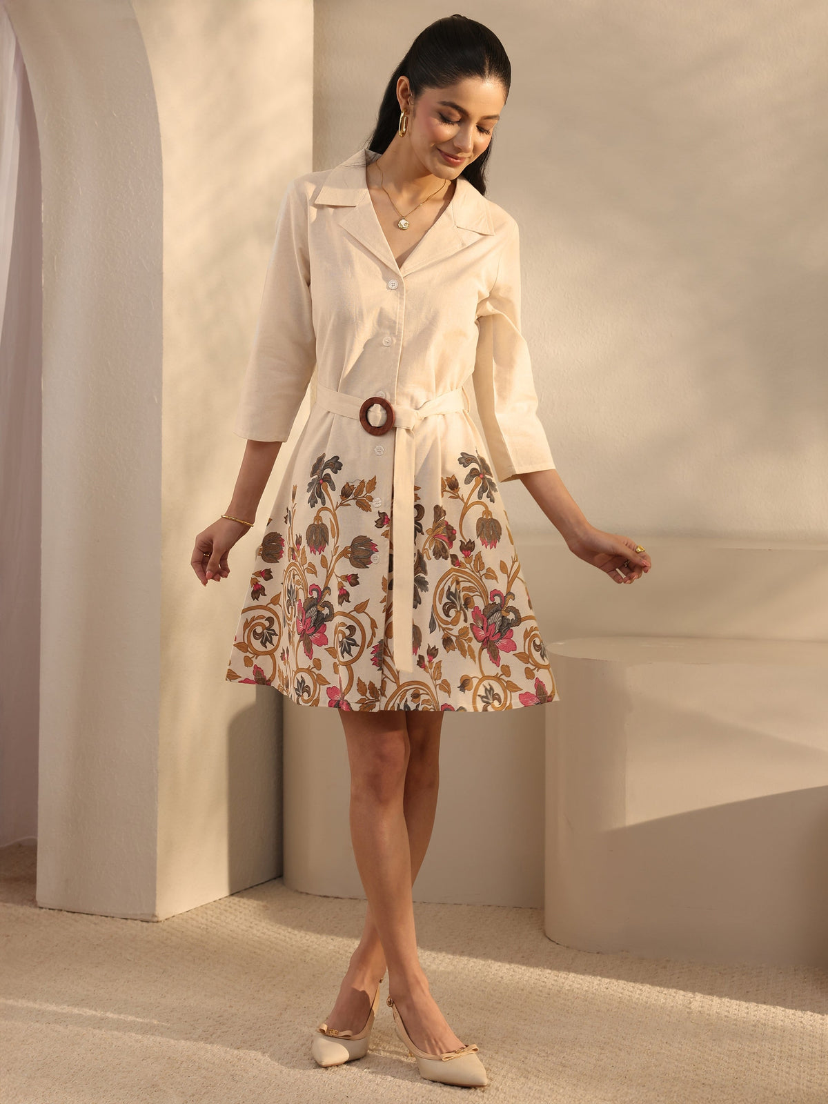 Libas Off White Floral Printed Cotton Blend Shirt Dress With Waistbelt