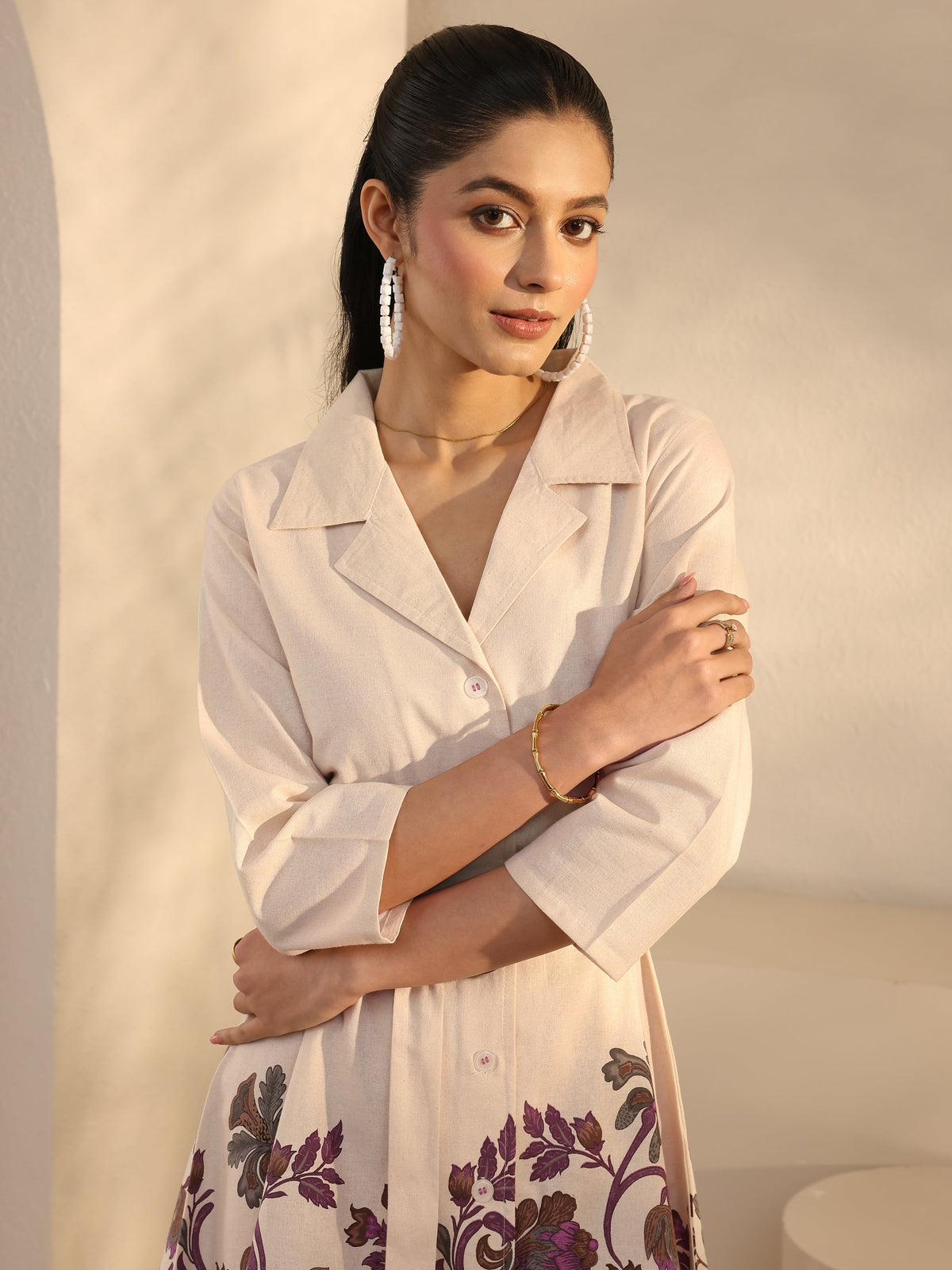 Libas Off White Floral Printed Cotton Blend Shirt Dress With Waistbelt