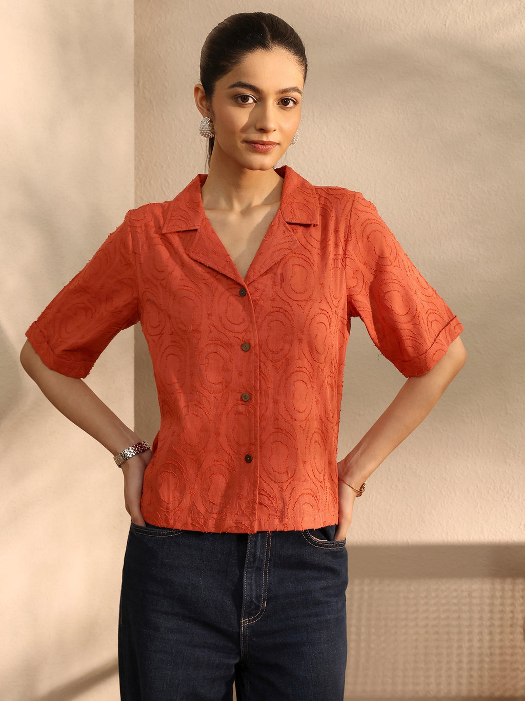 Libas Orange Self Design Cotton Straight Shirt