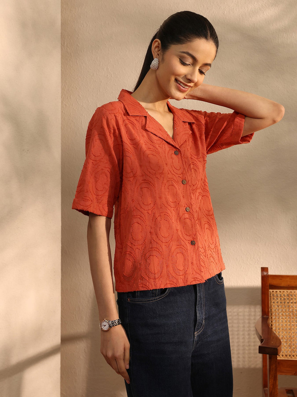 Libas Orange Self Design Cotton Straight Shirt K60