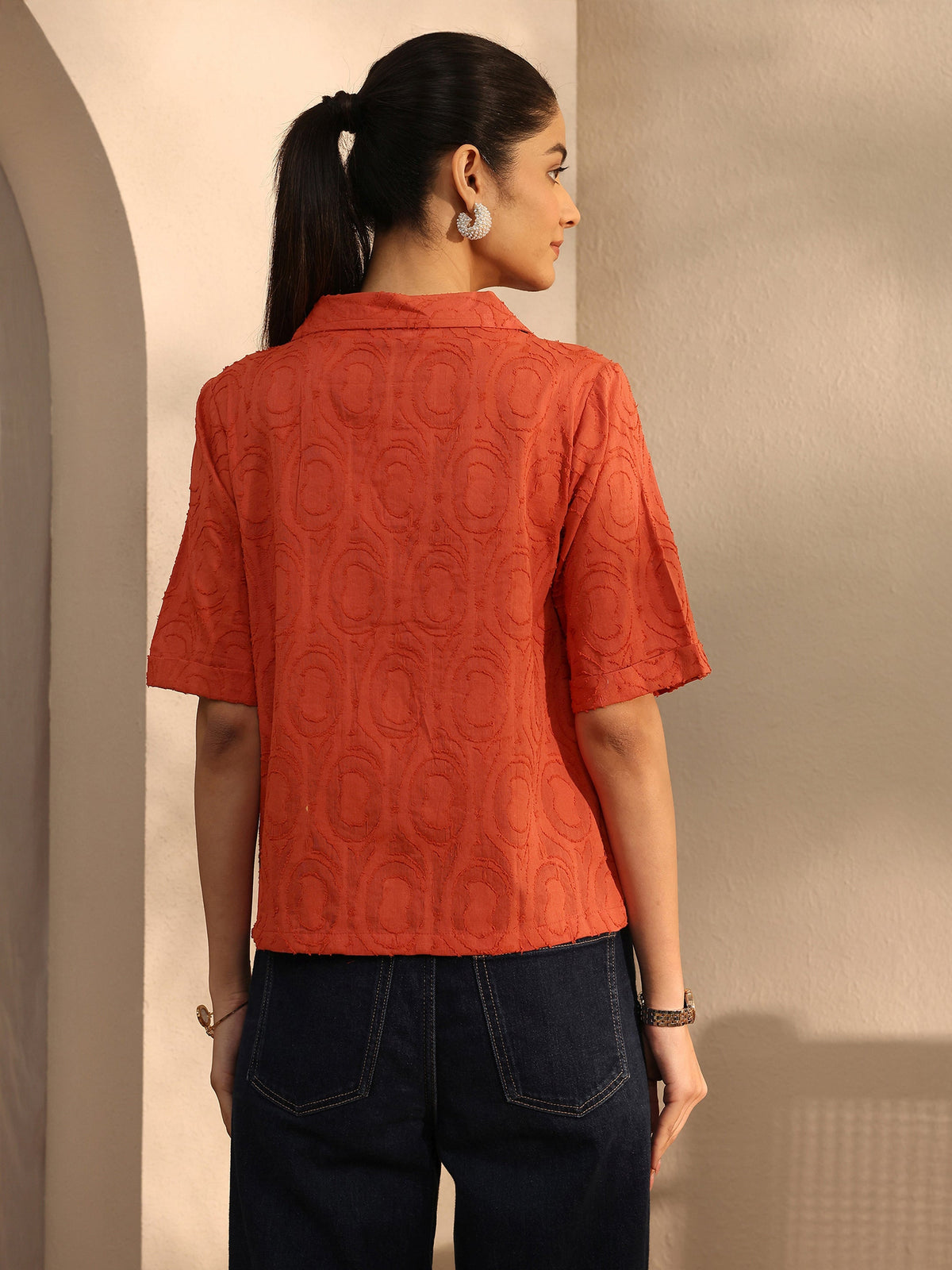 Libas Orange Self Design Cotton Straight Shirt