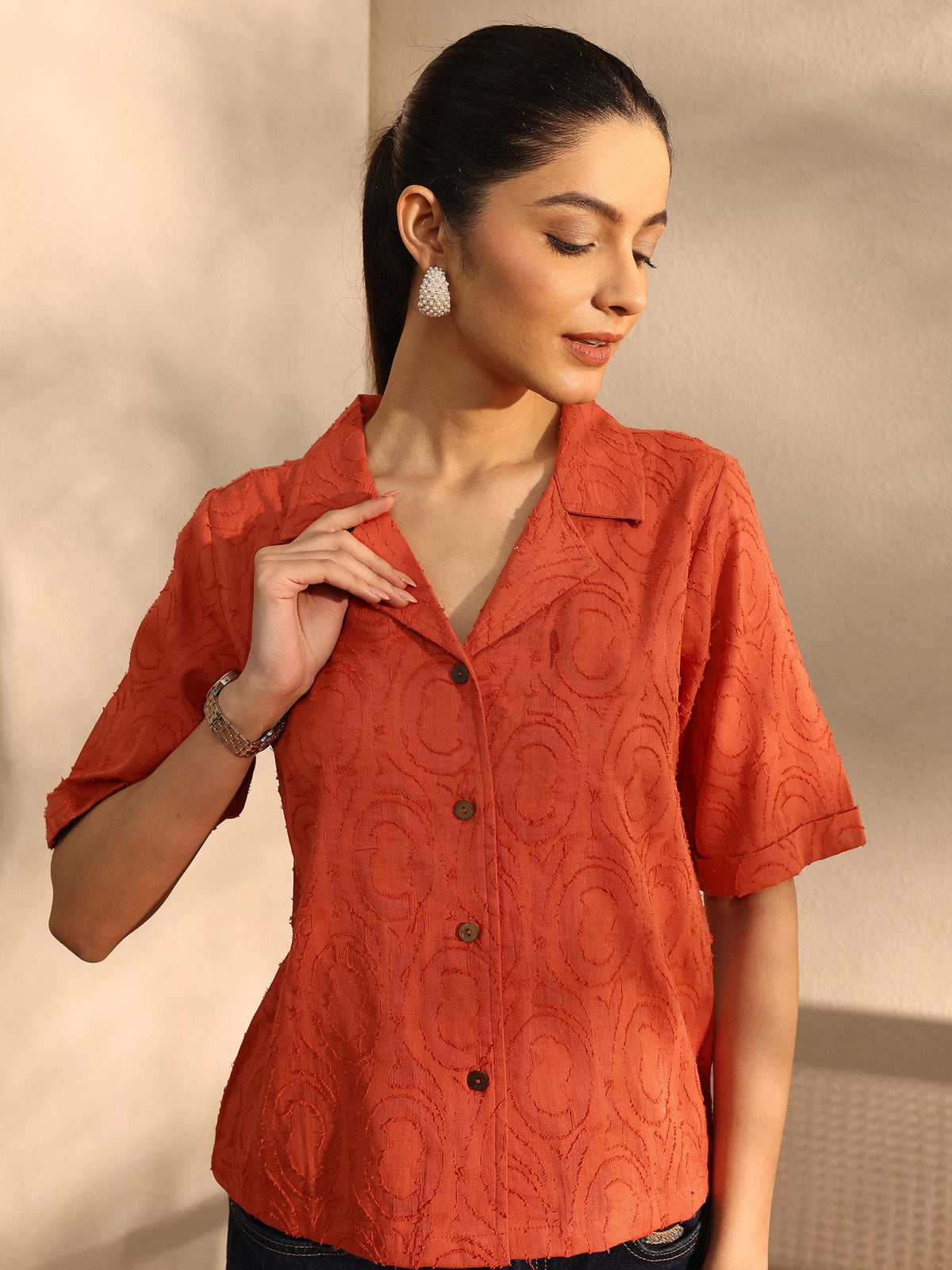 Libas Orange Self Design Cotton Straight Shirt