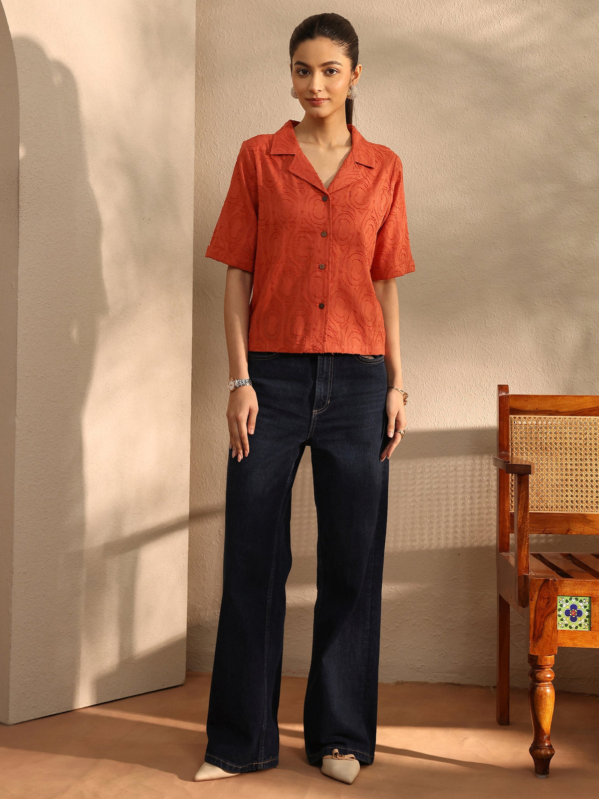 Libas Orange Self Design Cotton Straight Shirt