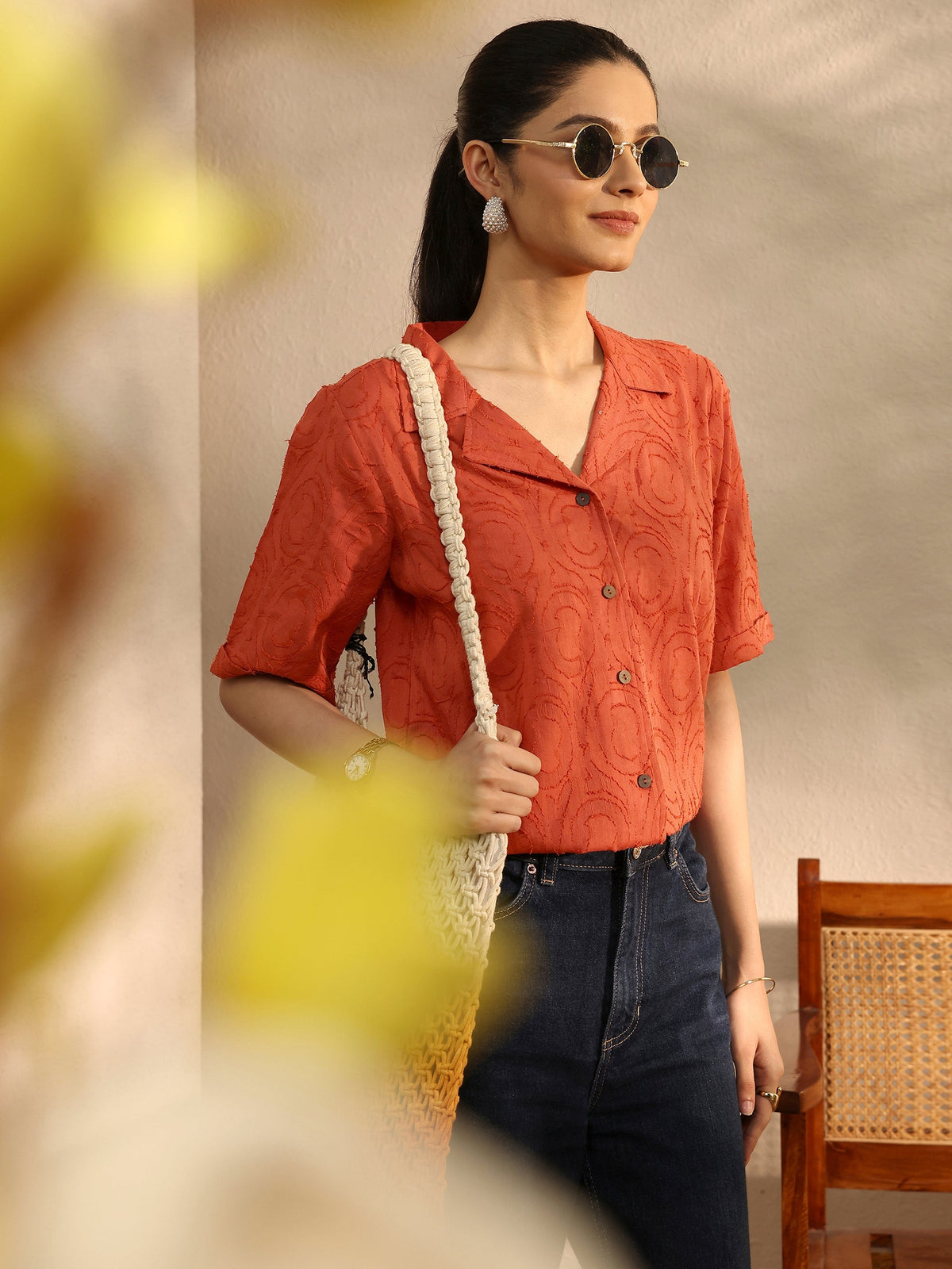 Libas Orange Self Design Cotton Straight Shirt