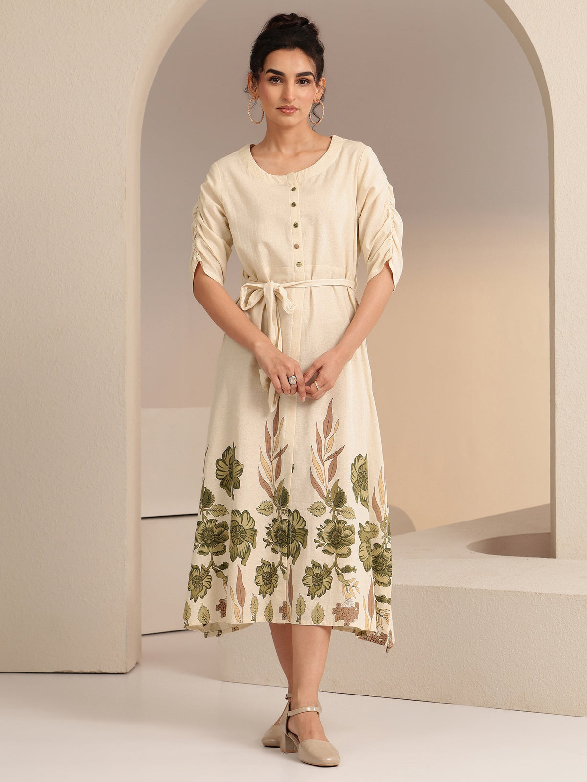 Libas Ivory and Printed Cotton Blend A-Line Dress
