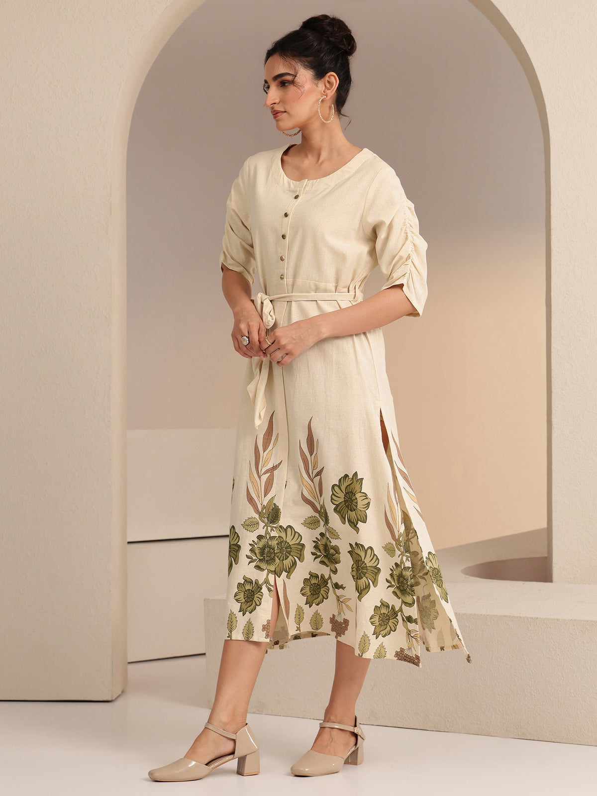 Libas Ivory and Printed Cotton Blend A-Line Dress