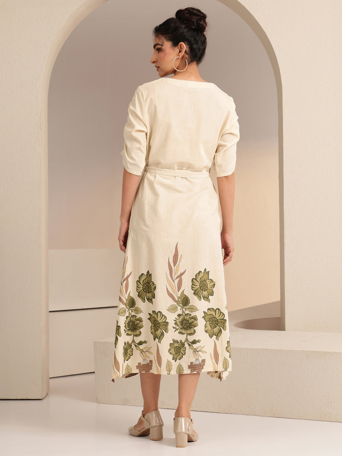 Libas Ivory and Printed Cotton Blend A-Line Dress