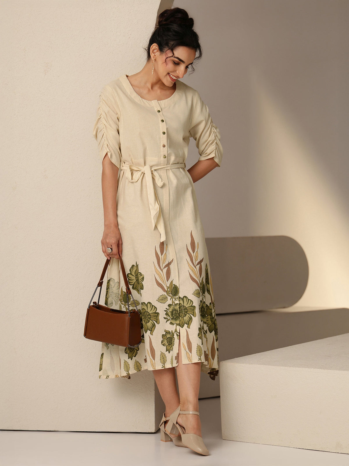 Libas Ivory and Printed Cotton Blend A-Line Dress