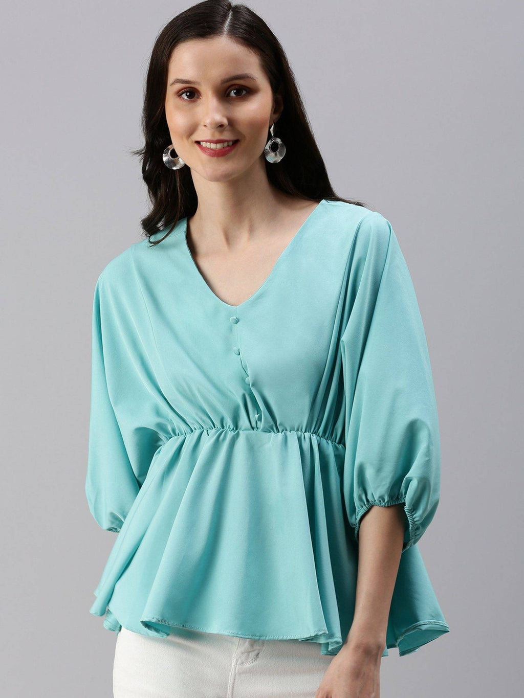 Women's Solid Peplum Turquoise Blue V-neck Top | pt51 - view 1