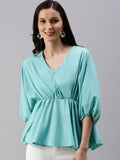 Women's Solid Peplum Turquoise Blue V-neck Top | pt51 - view 1