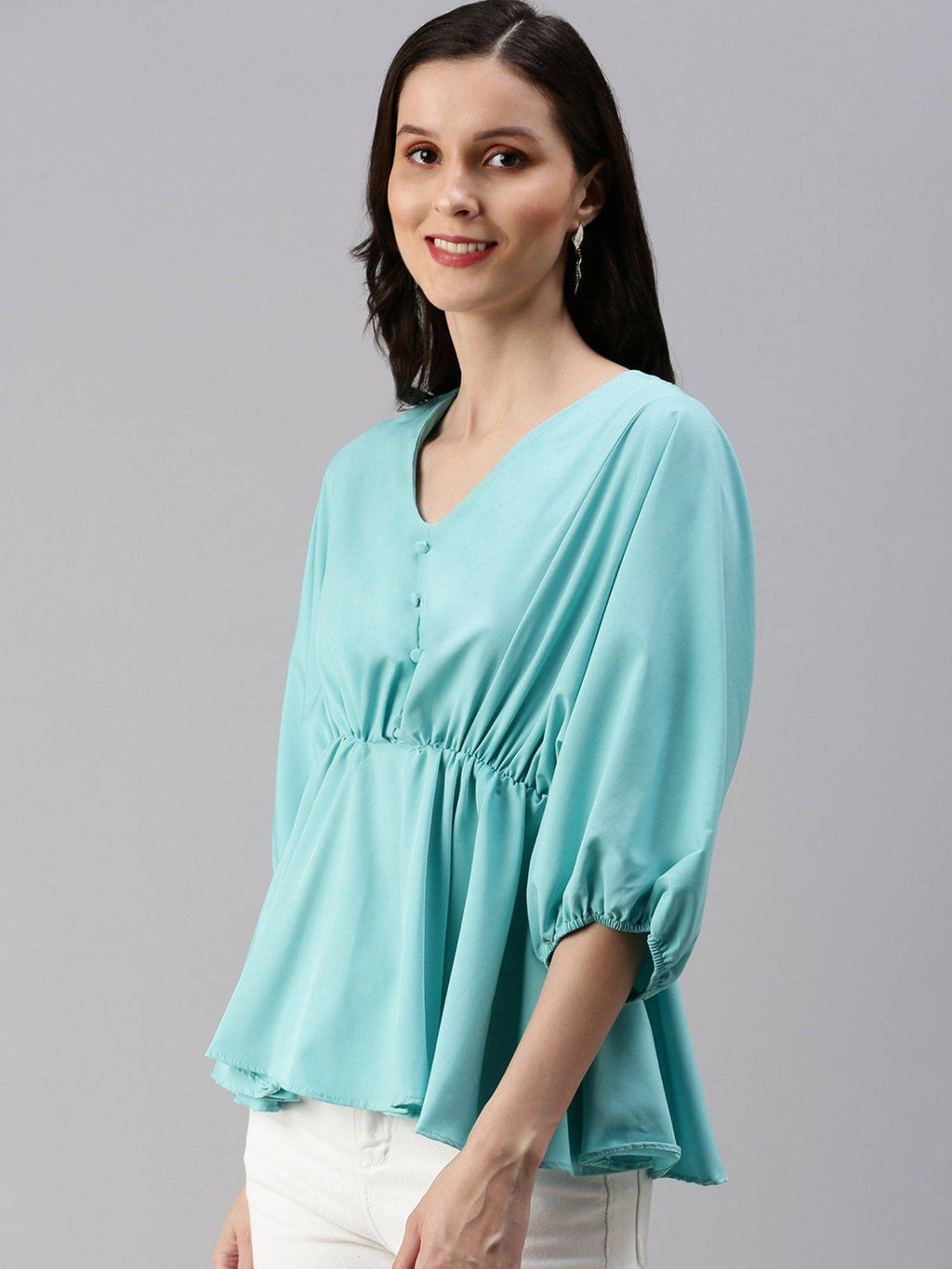 Women's Solid Peplum Turquoise Blue V-neck Top | pt51 - view 3