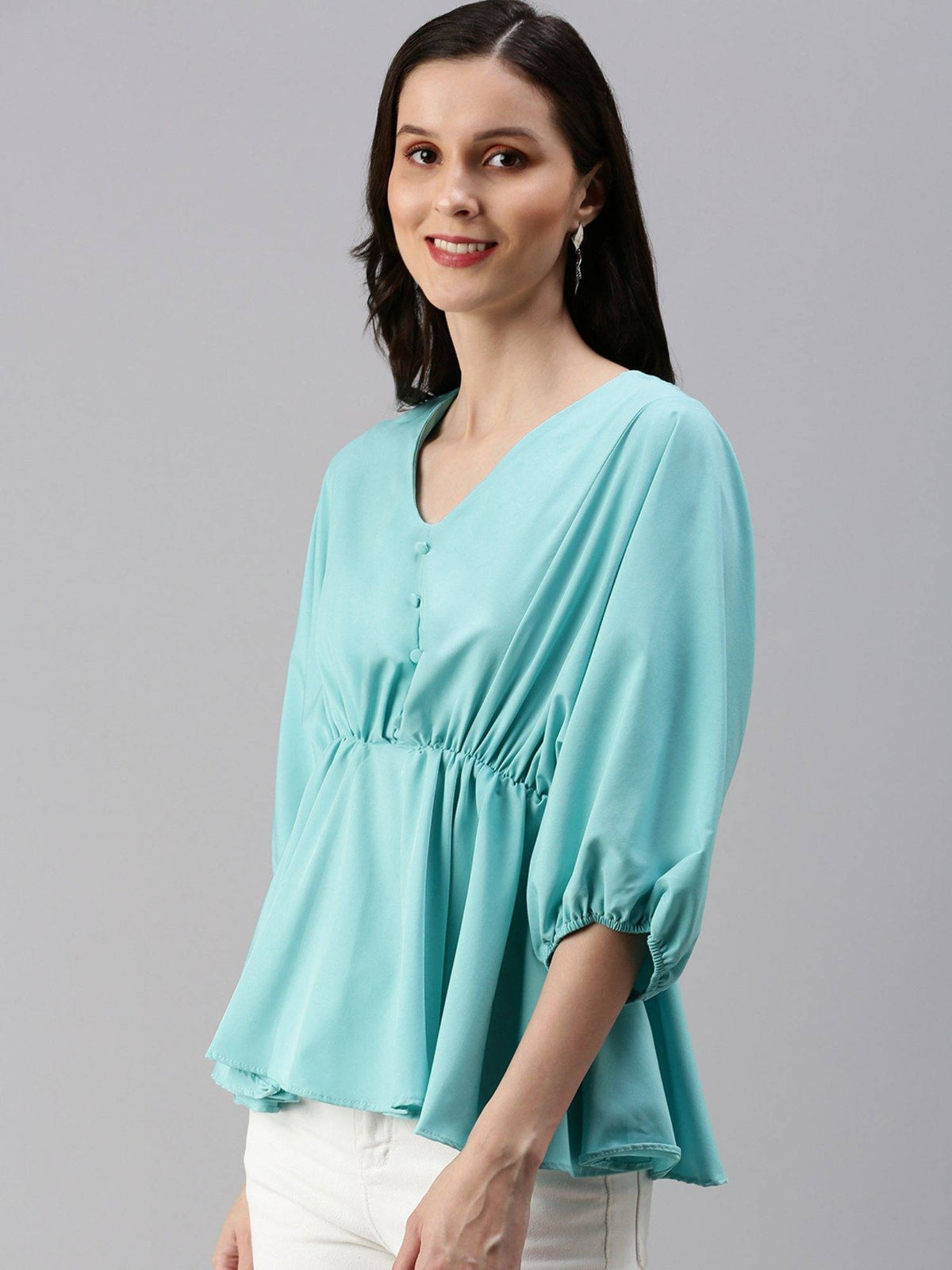 Women's Solid Peplum Turquoise Blue V-neck Top | pt51 - view 3
