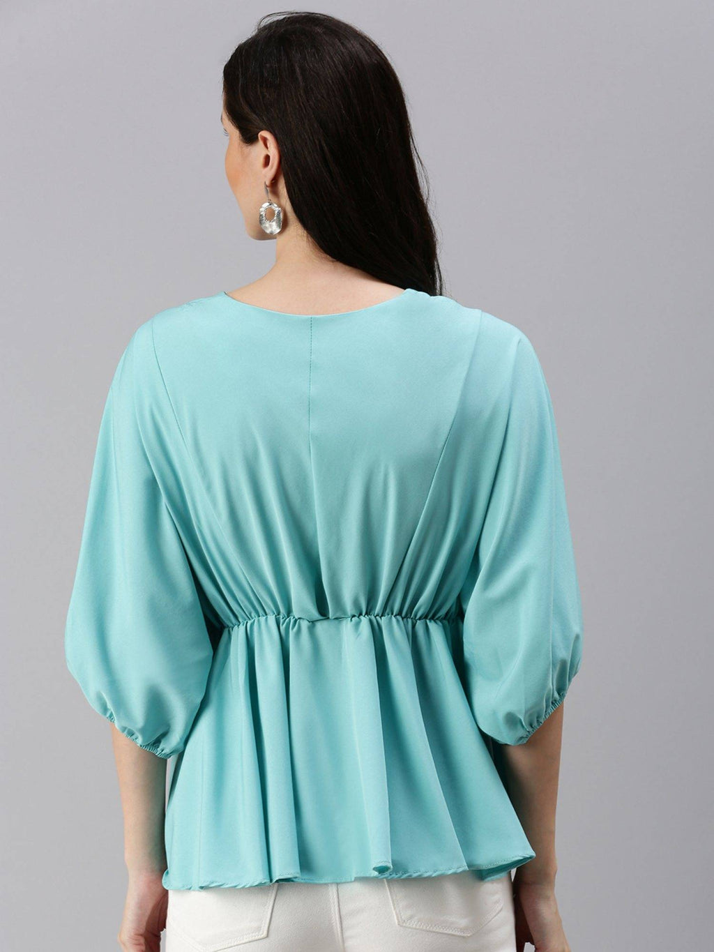 Women's Solid Peplum Turquoise Blue V-neck Top | pt51 - view 4
