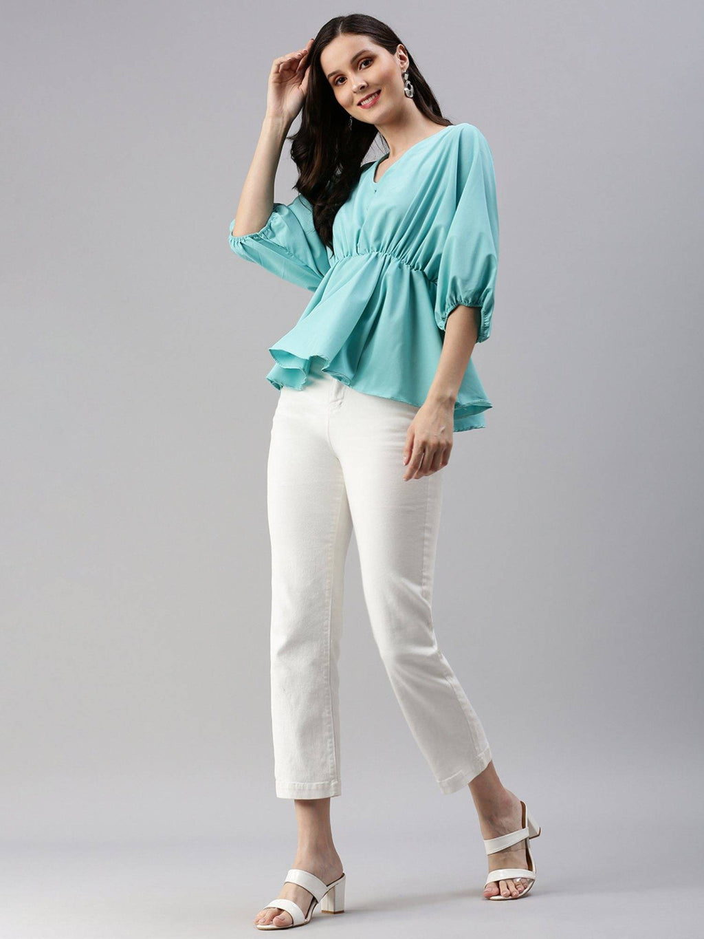 Women's Solid Peplum Turquoise Blue V-neck Top | pt51 - view 5