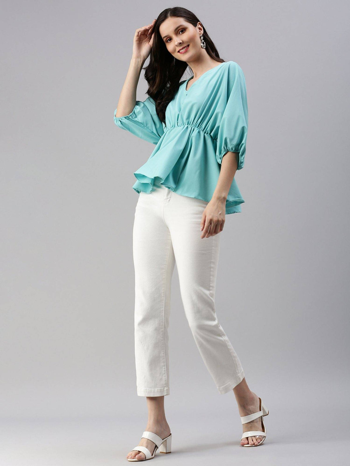 Women's Solid Peplum Turquoise Blue V-neck Top | pt51 - view 5