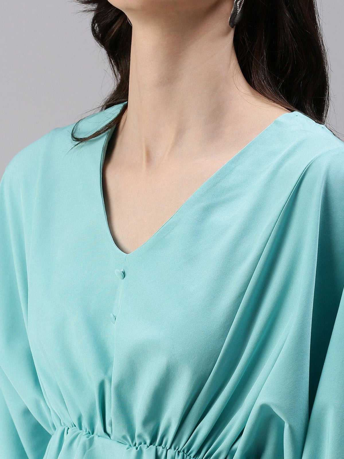 Women's Solid Peplum Turquoise Blue V-neck Top | pt51 - view 6