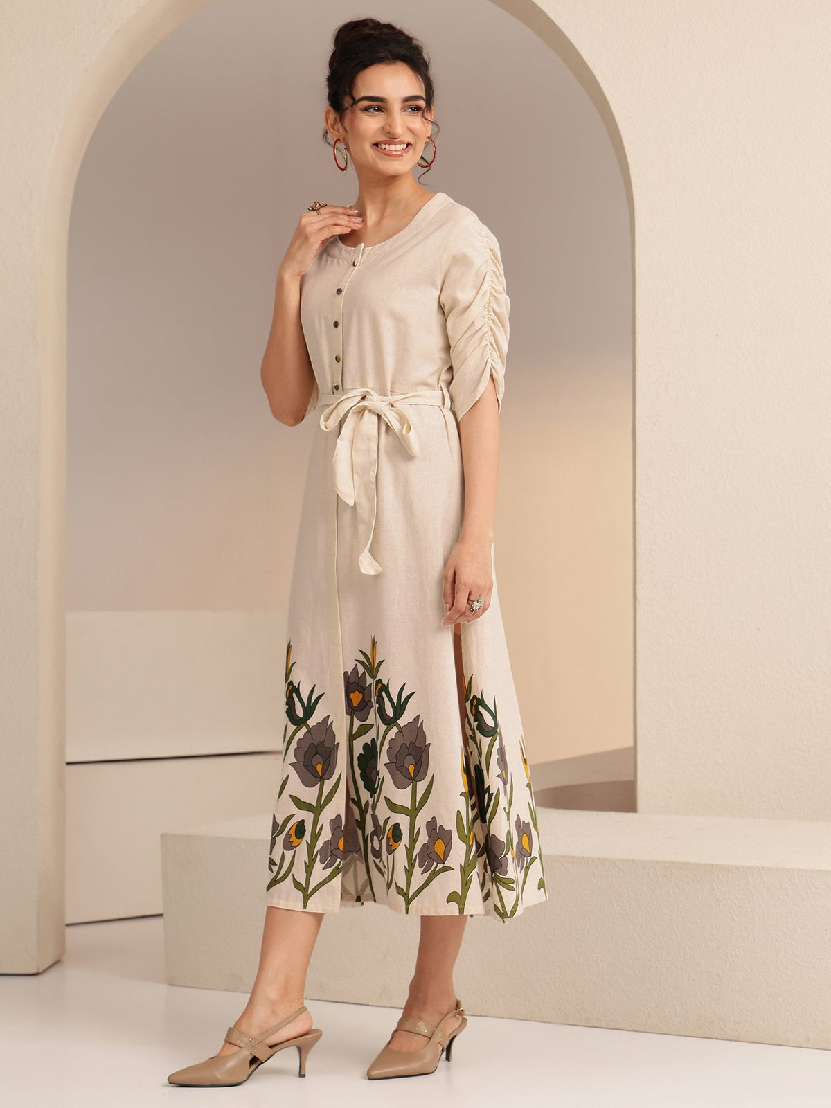 Libas Ivory Floral Printed Cotton Blend A-Line Dress