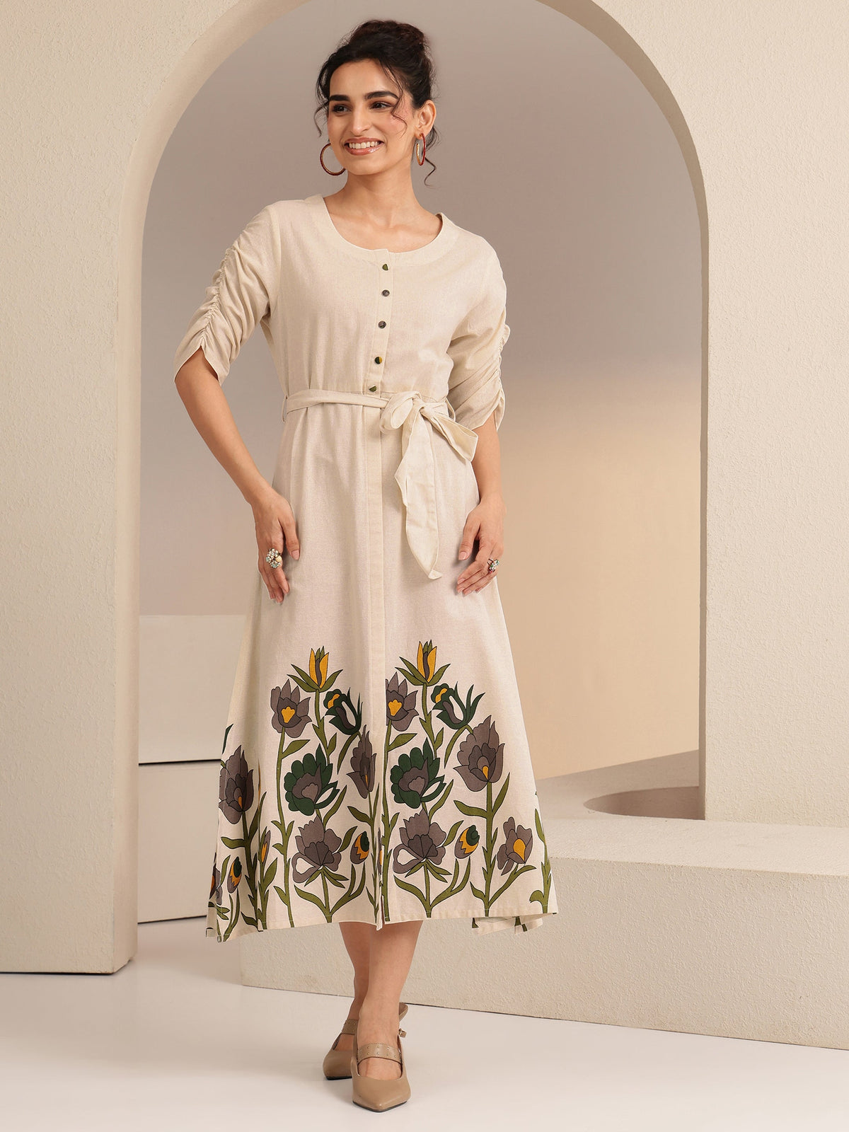 Libas Ivory Floral Printed Cotton Blend A-Line Dress