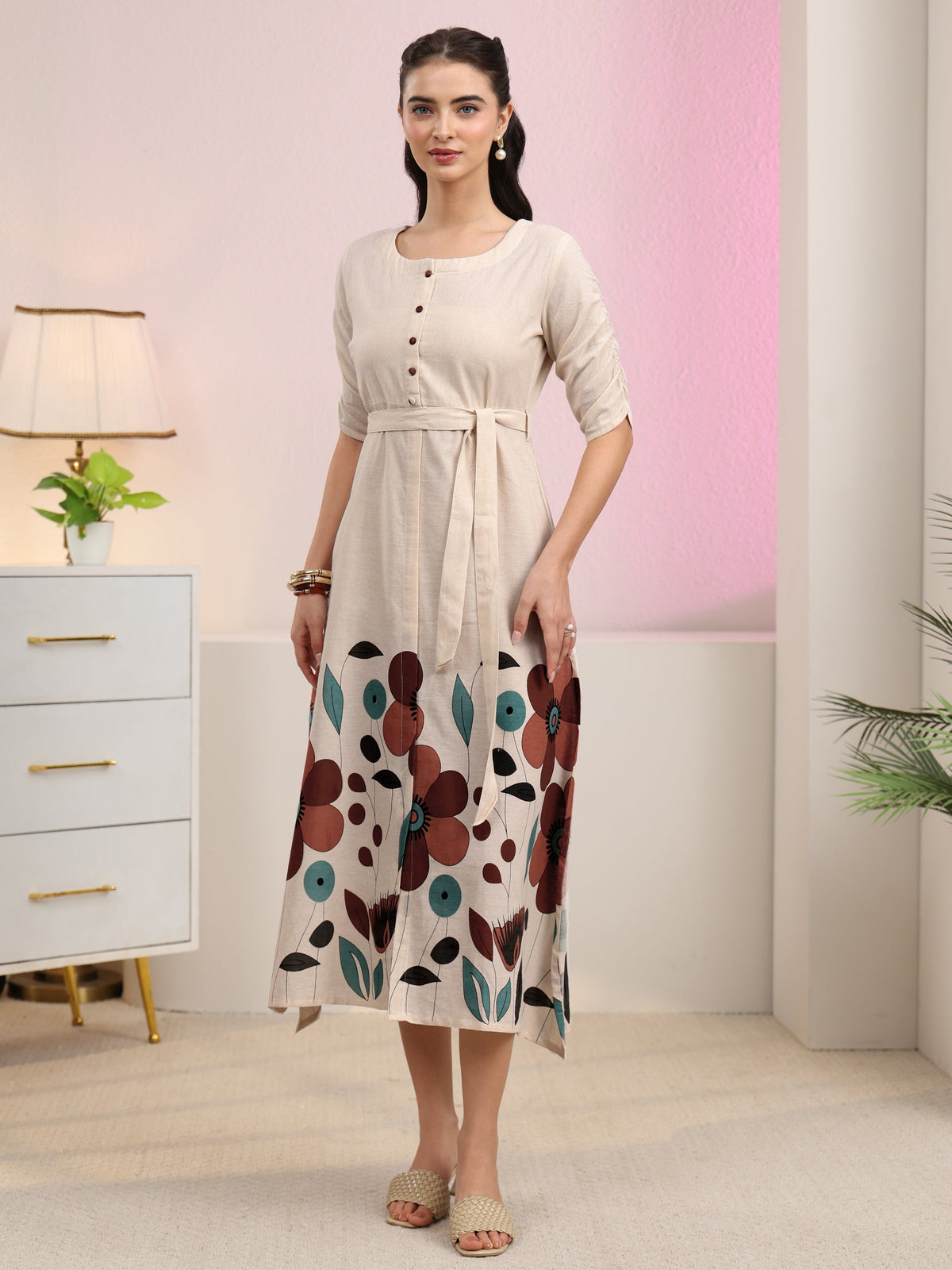 Libas Off White Floral Printed Cotton Blend A-Line Dress