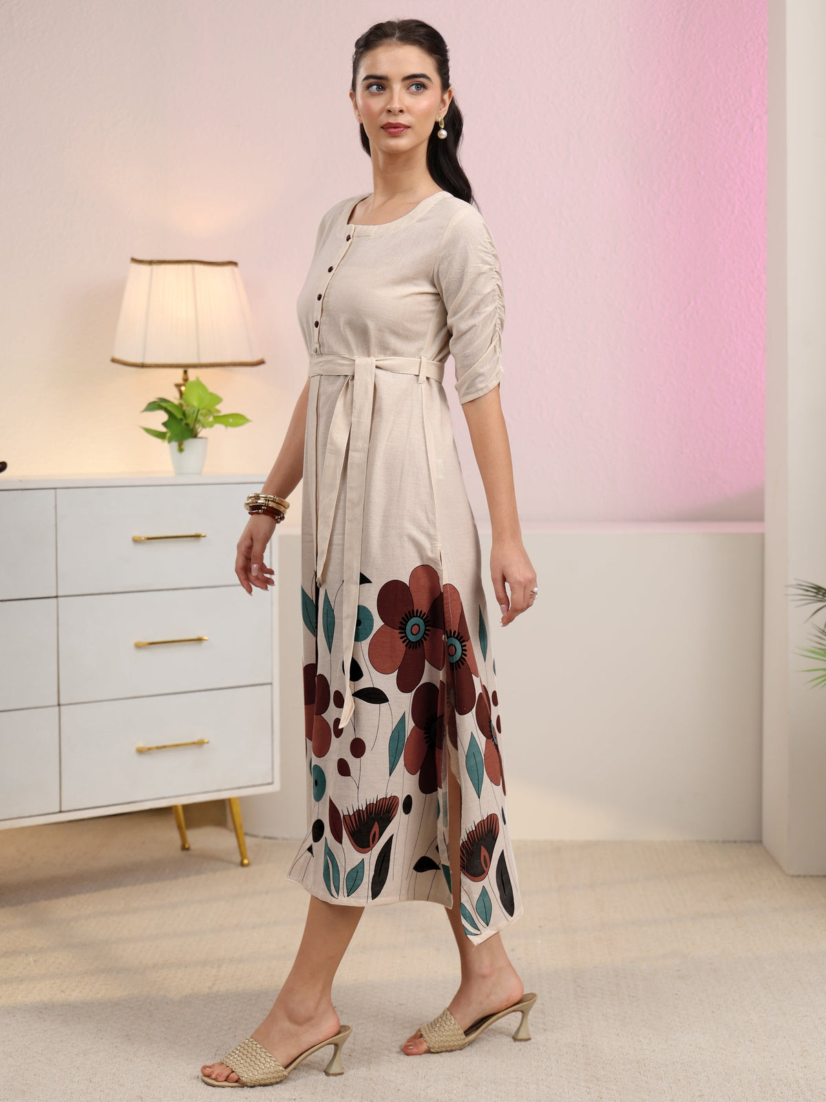 Libas Off White Floral Printed Cotton Blend A-Line Dress