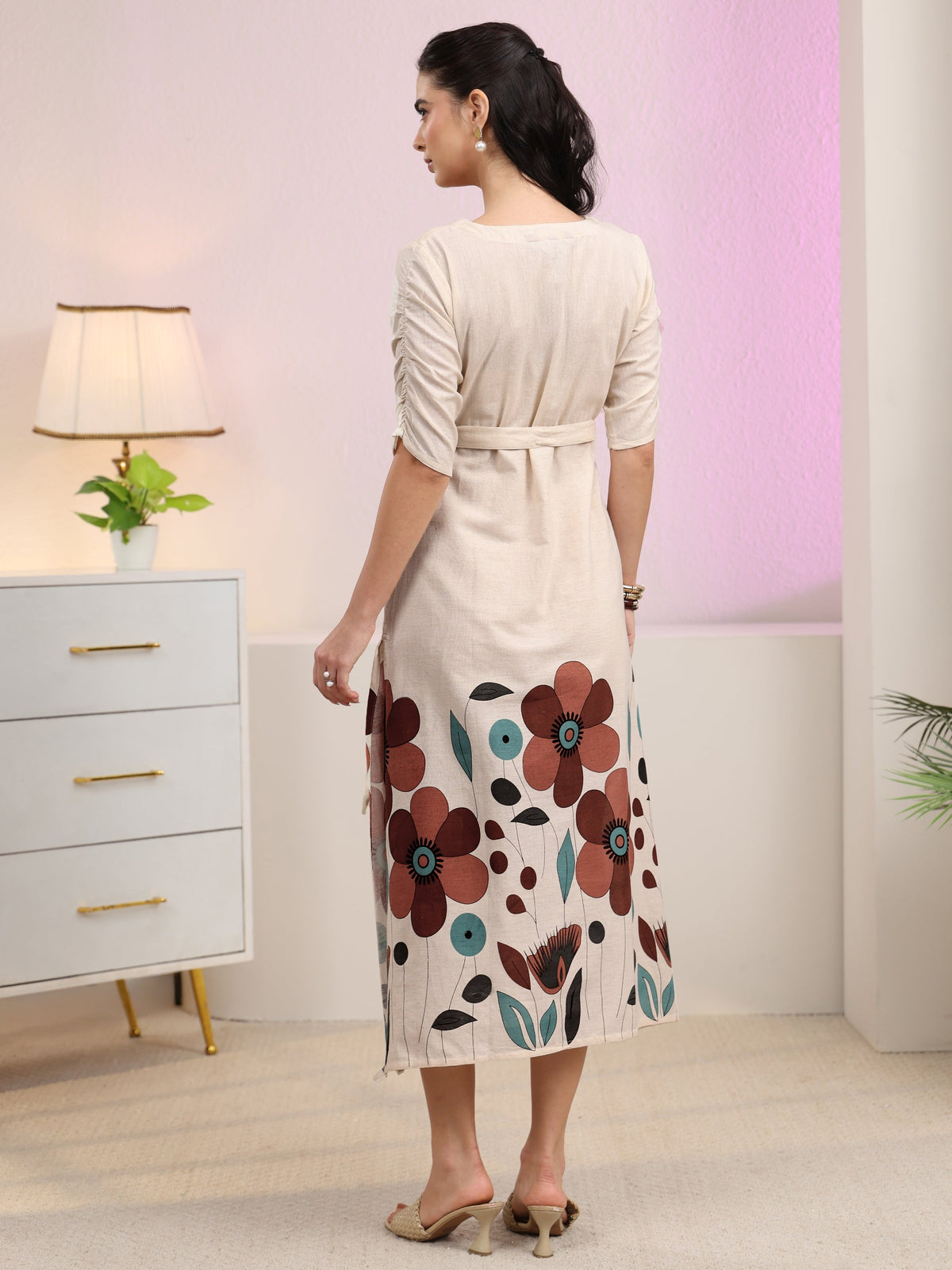 Libas Off White Floral Printed Cotton Blend A-Line Dress