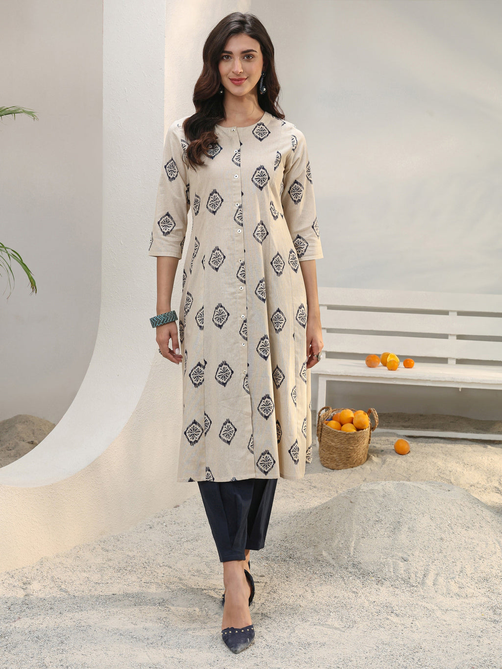 Libas Off White Ethnic Printed Cotton Blend A-Line Kurta