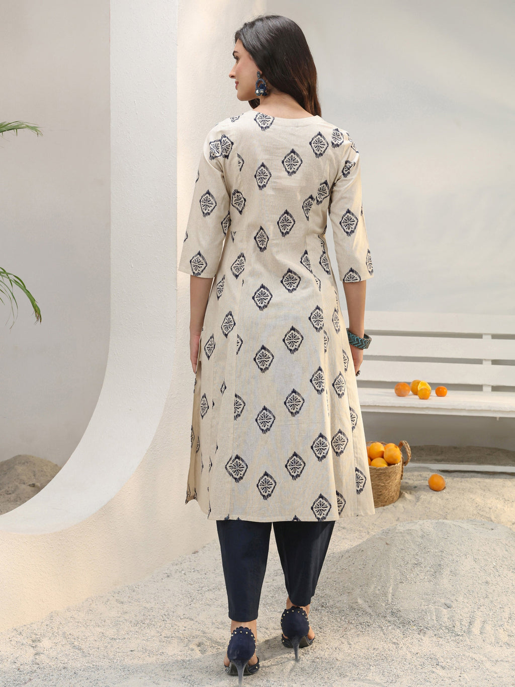 Libas Off White Ethnic Printed Cotton Blend A-Line Kurta