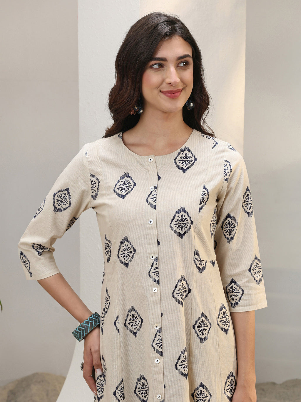 Libas Off White Ethnic Printed Cotton Blend A-Line Kurta