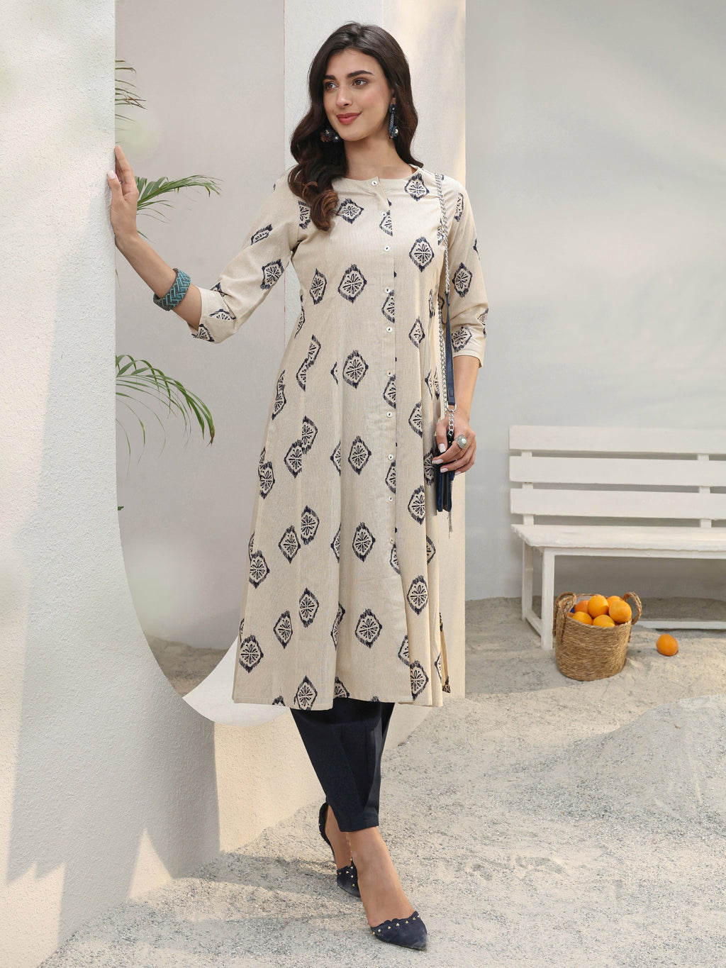 Libas Off White Ethnic Printed Cotton Blend A-Line Kurta