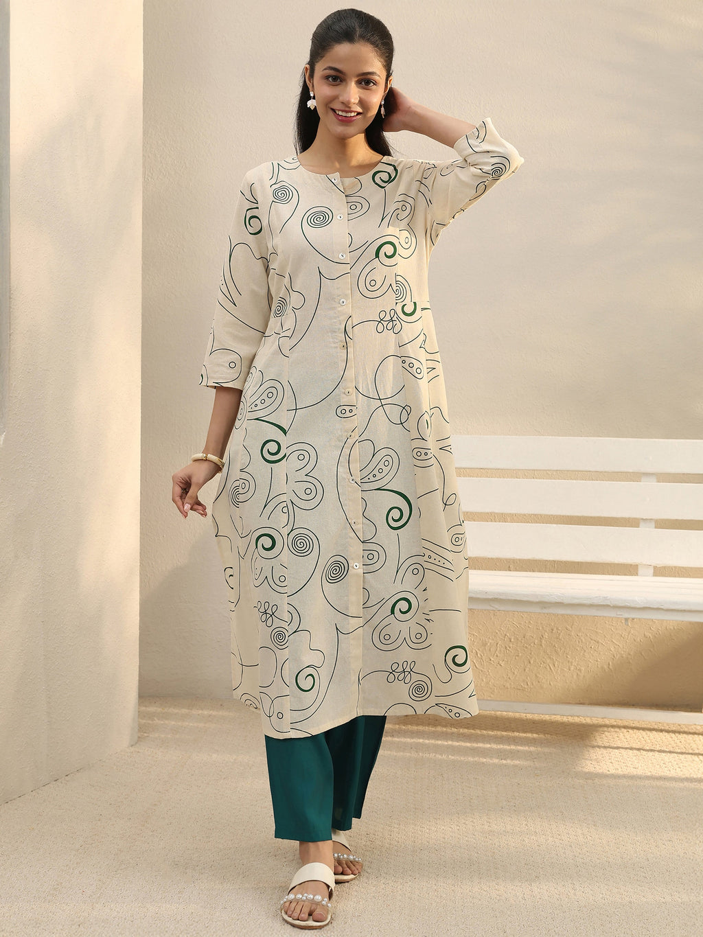 Libas Off White Abstract Printed Panelled A-Line Kurta