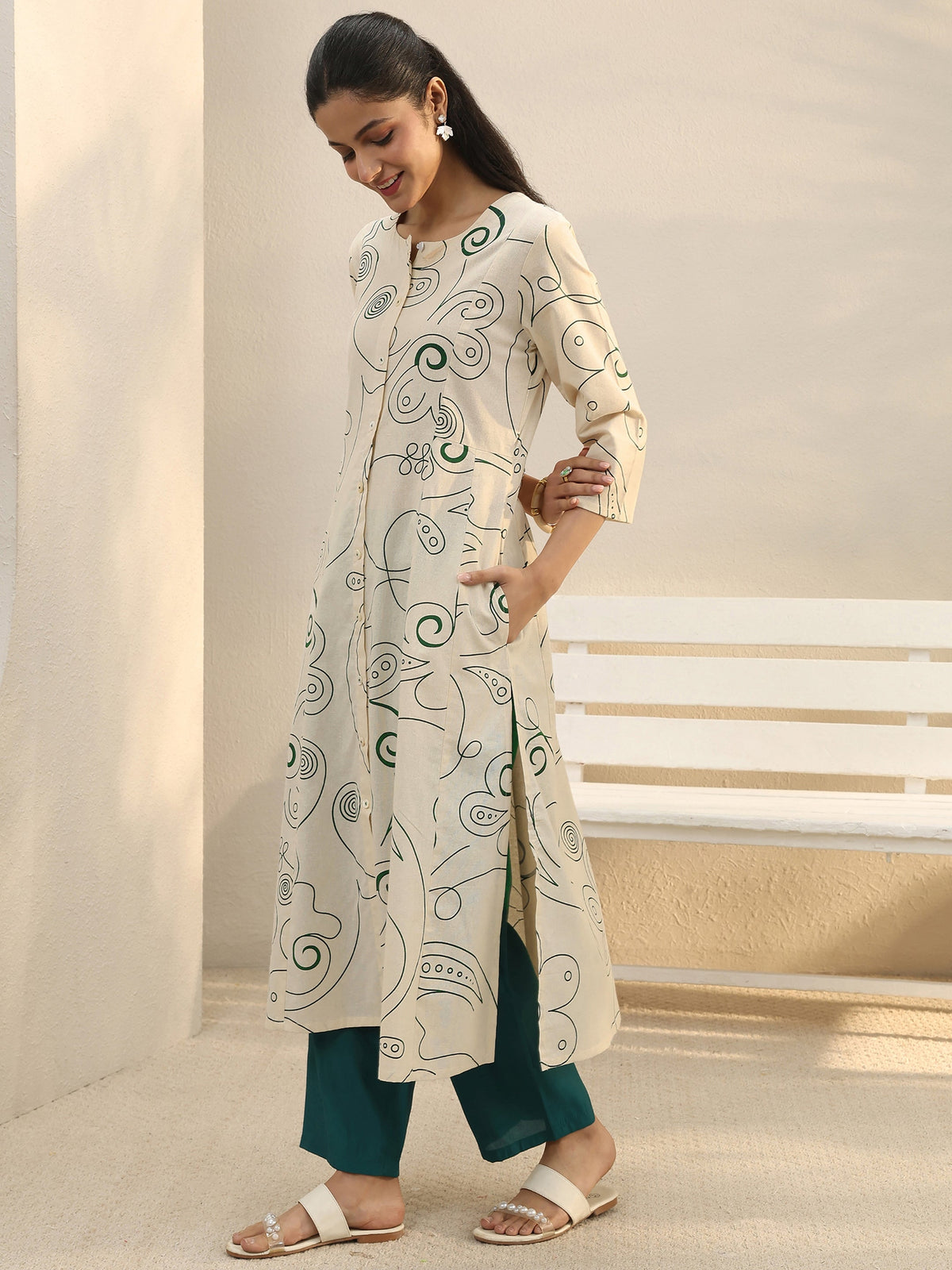 Libas Off White Abstract Printed Panelled A-Line Kurta