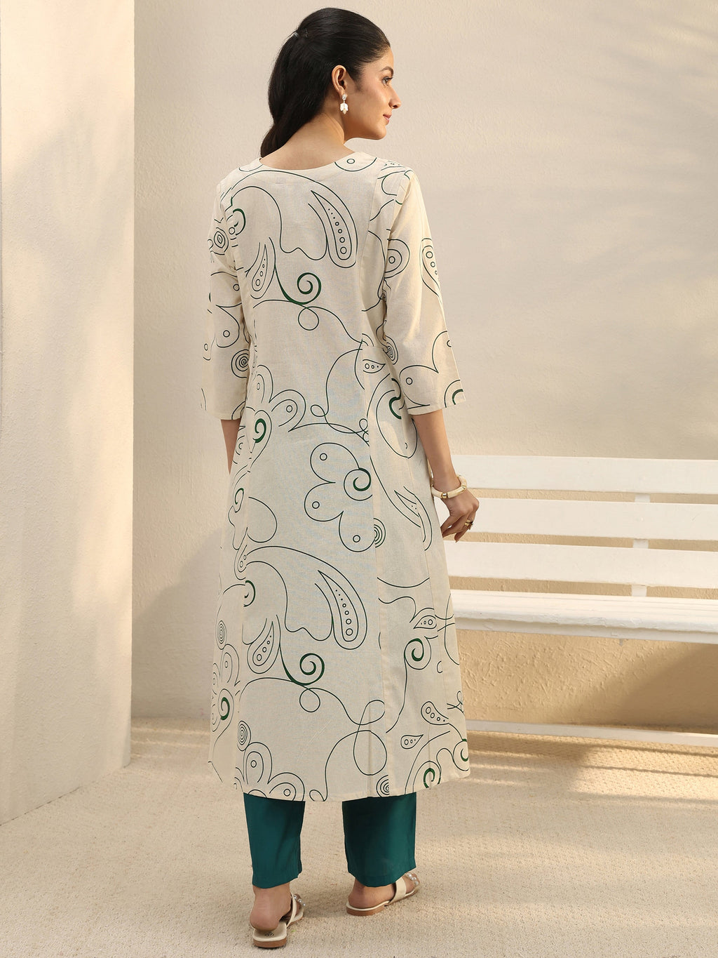 Libas Off White Abstract Printed Panelled A-Line Kurta