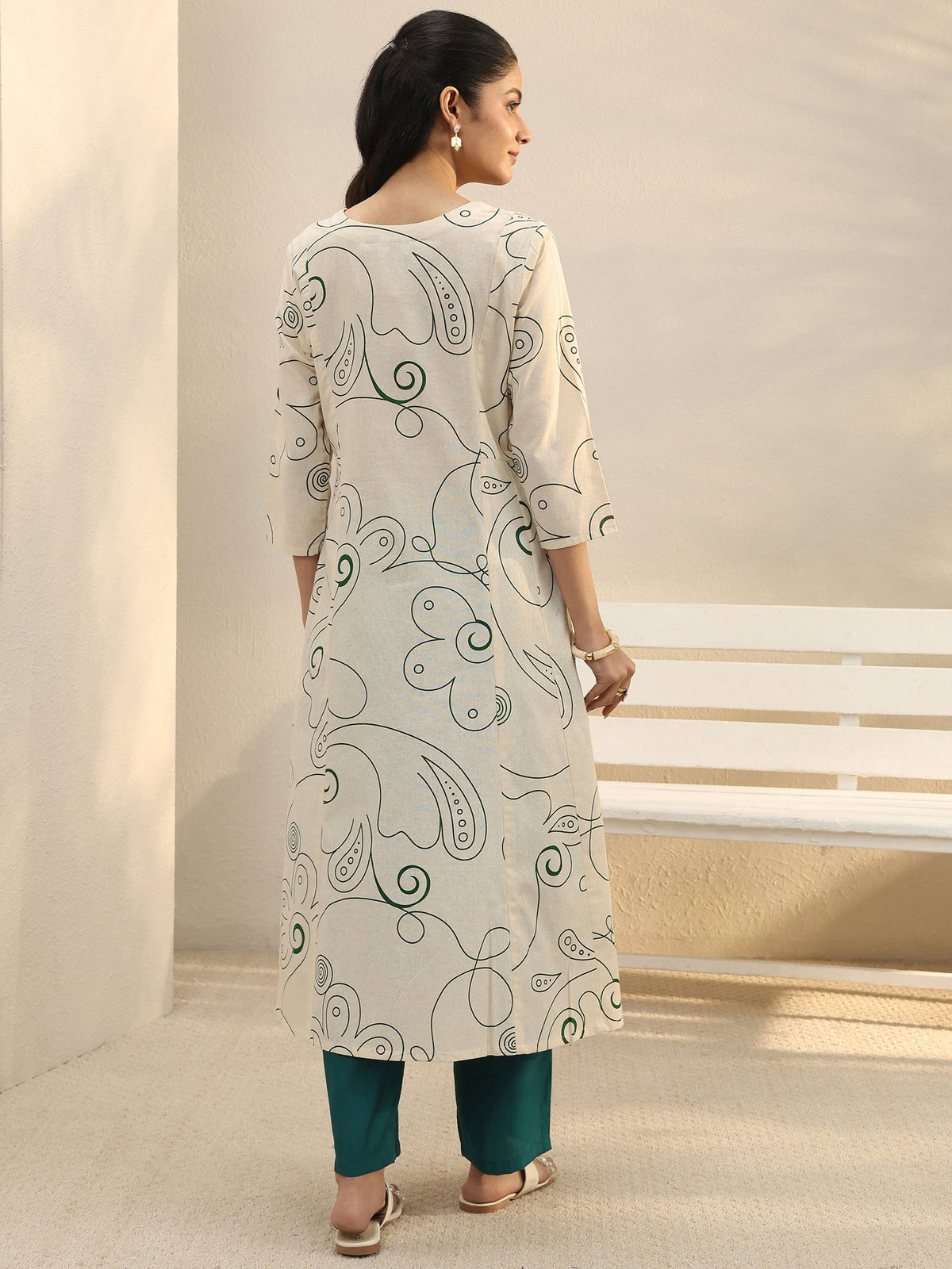 Libas Off White Abstract Printed Panelled A-Line Kurta