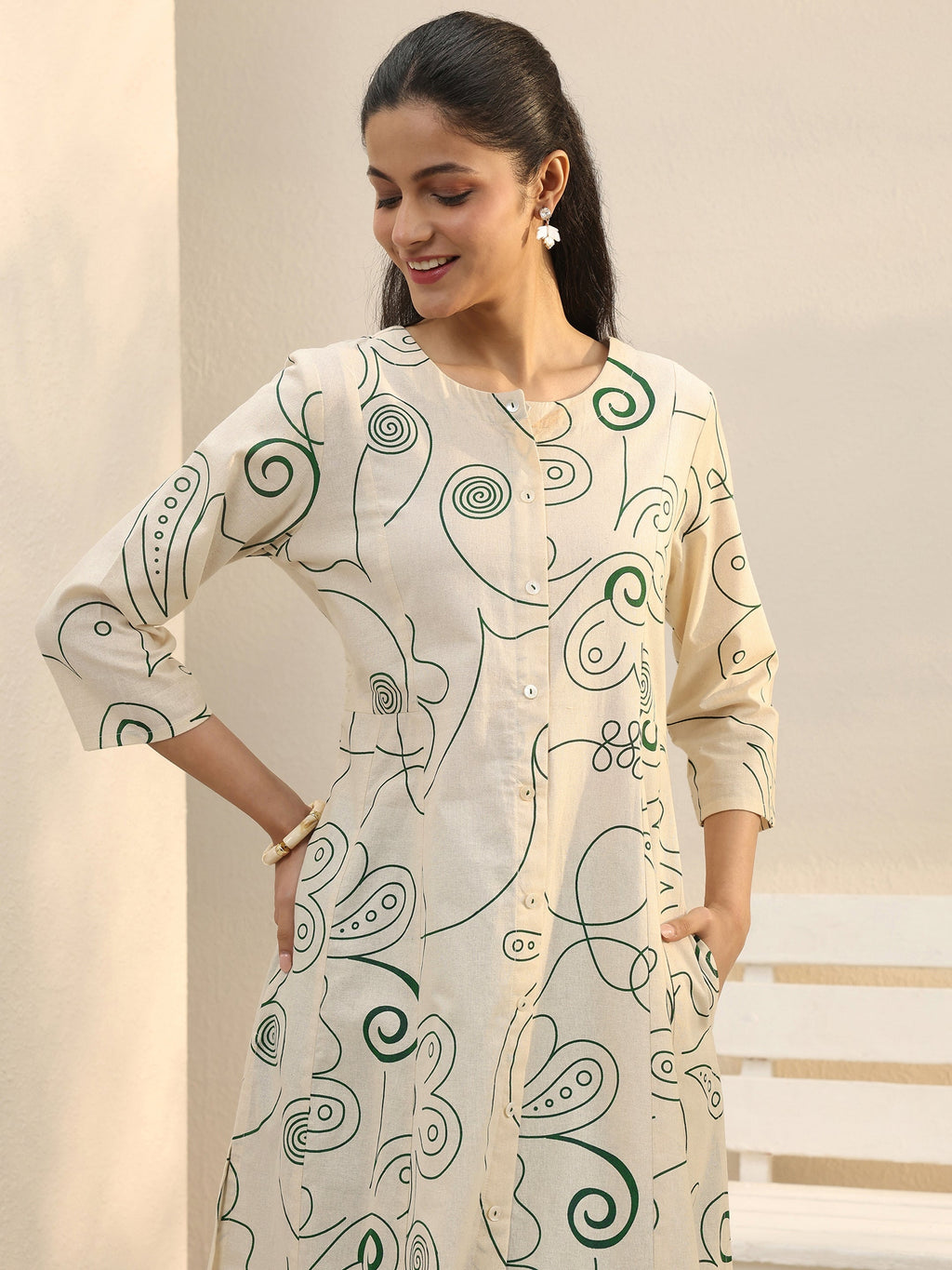 Libas Off White Abstract Printed Panelled A-Line Kurta