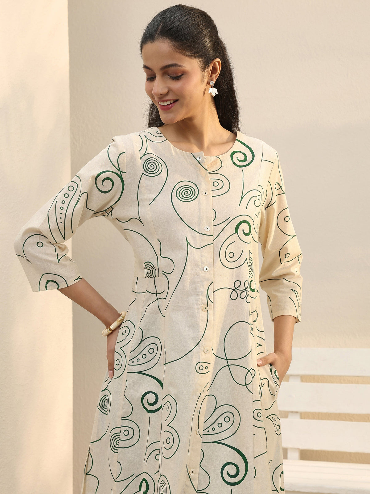 Libas Off White Abstract Printed Panelled A-Line Kurta