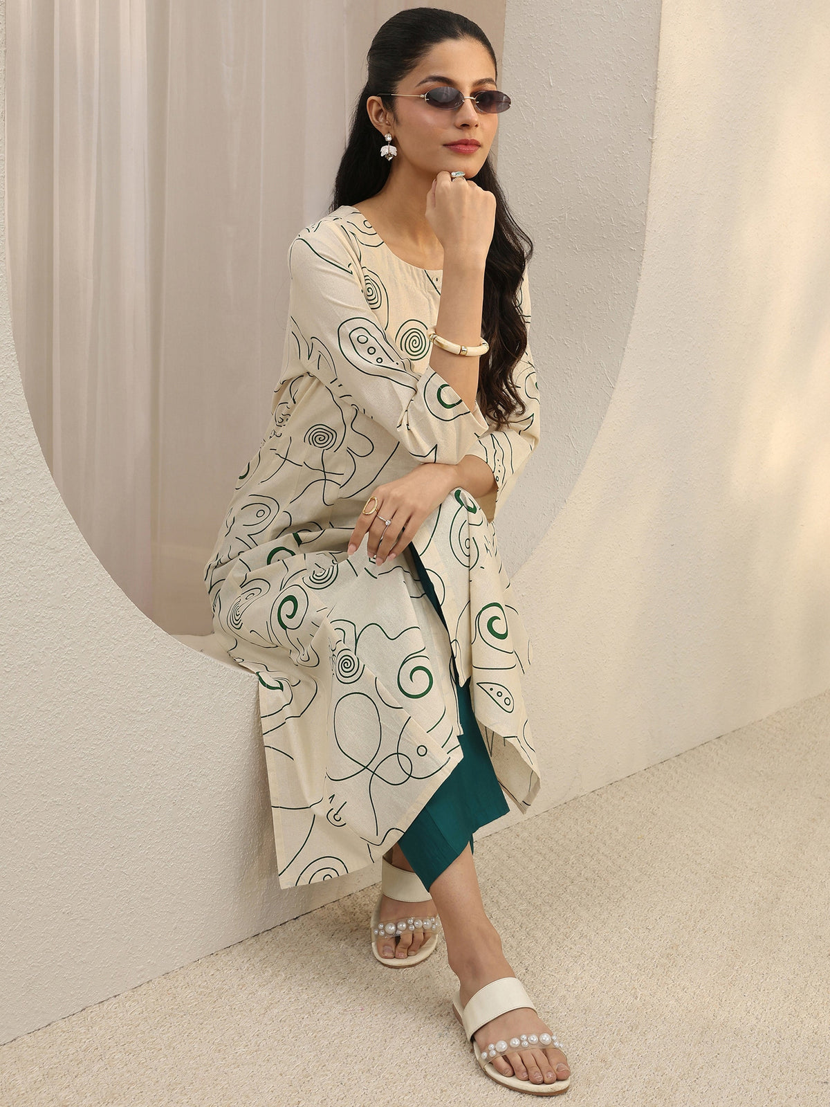 Libas Off White Abstract Printed Panelled A-Line Kurta