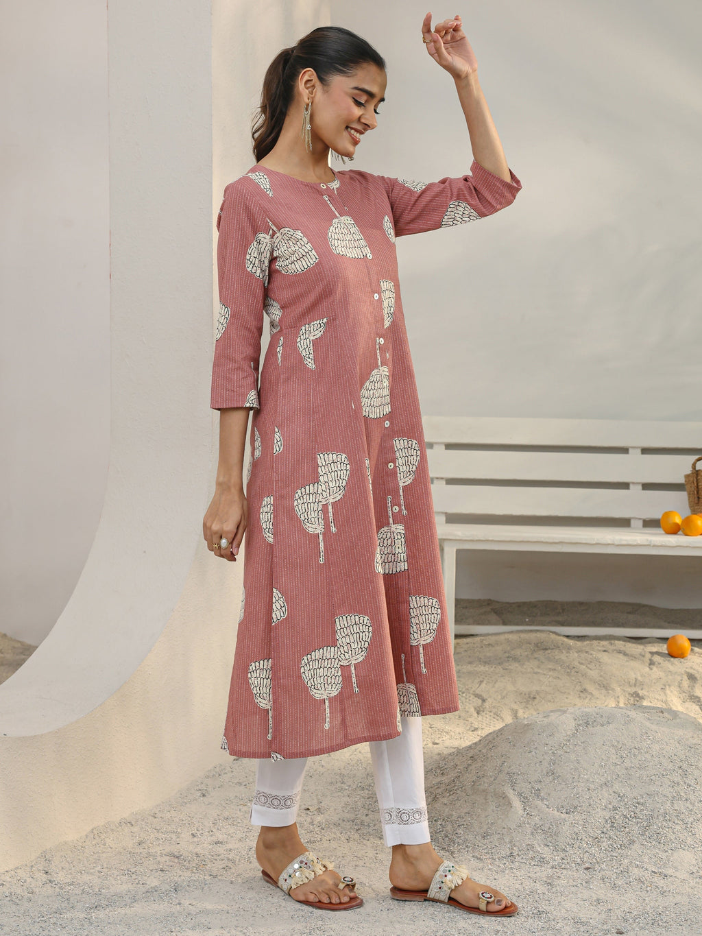 Libas Mauve Printed Cotton Blend A-Line Kurta