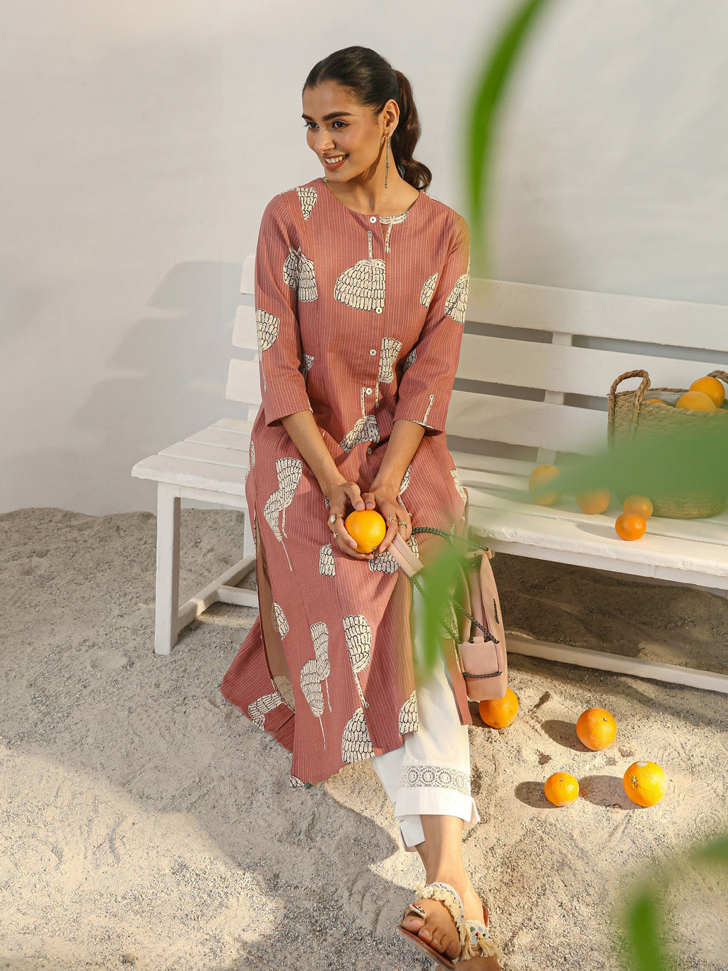 Libas Mauve Printed Cotton Blend A-Line Kurta