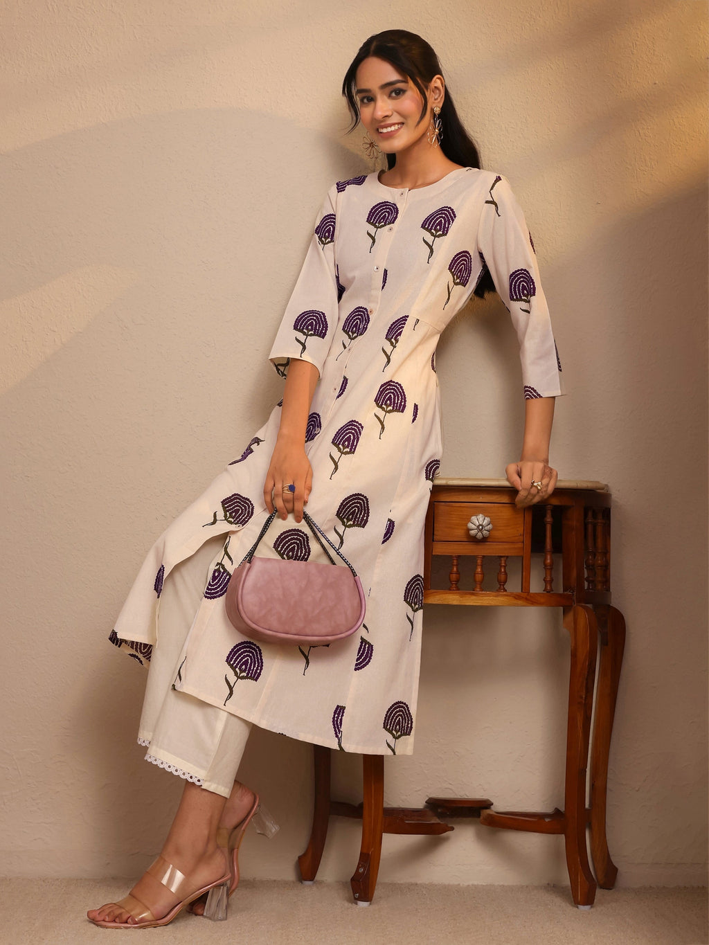 Libas Off White Floral Printed Cotton Blend A-Line Kurta