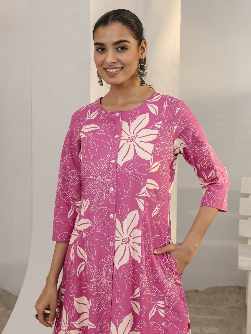 Libas Pink Floral Printed Cotton Blend A-Line Kurta