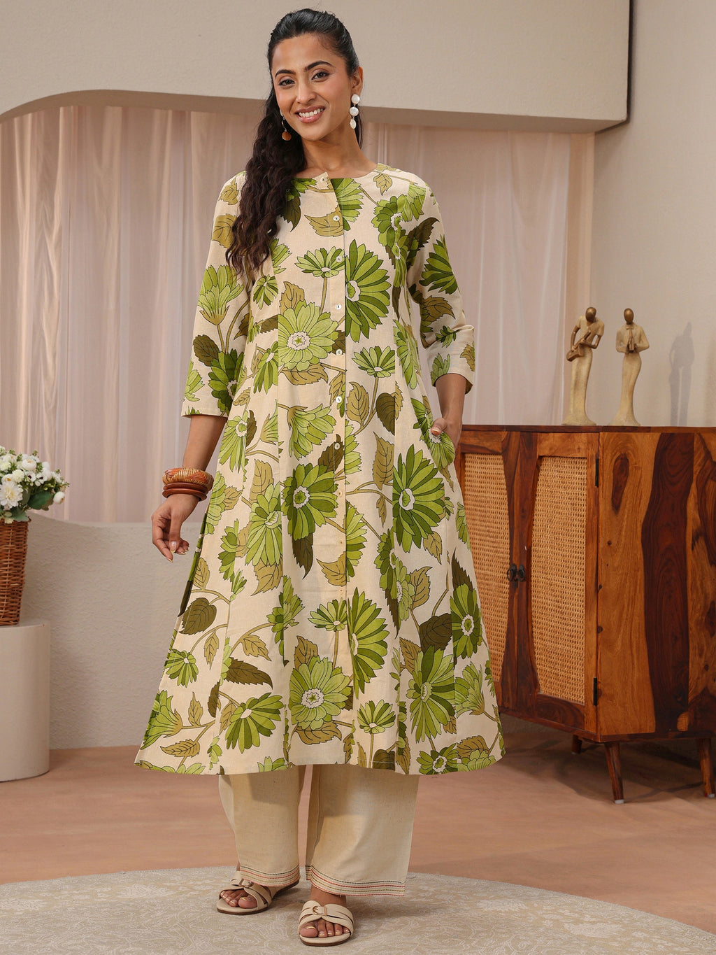 Libas Off White Floral Printed Cotton Blend A-Line Kurta