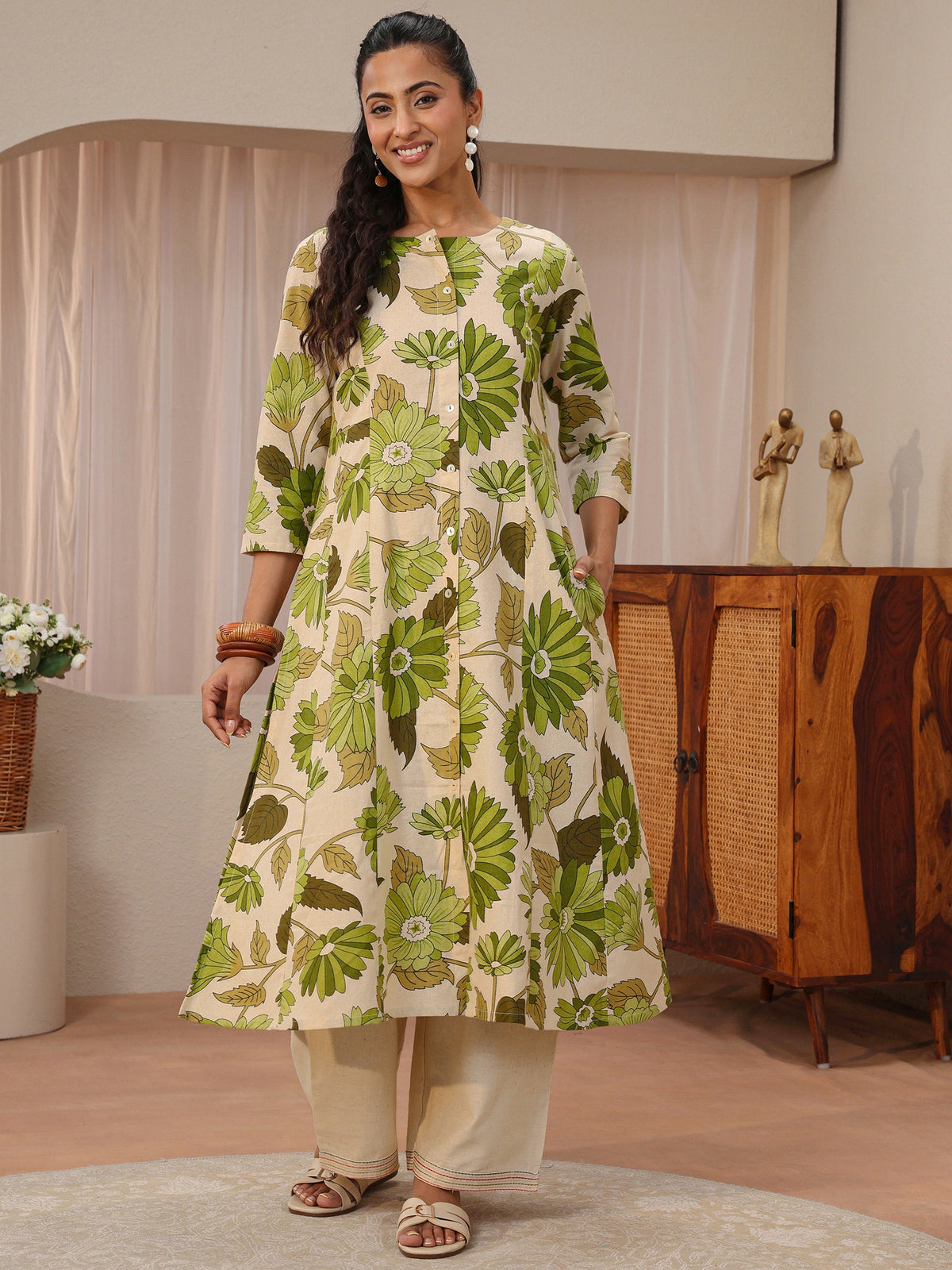 Libas Off White Floral Printed Cotton Blend A-Line Kurta