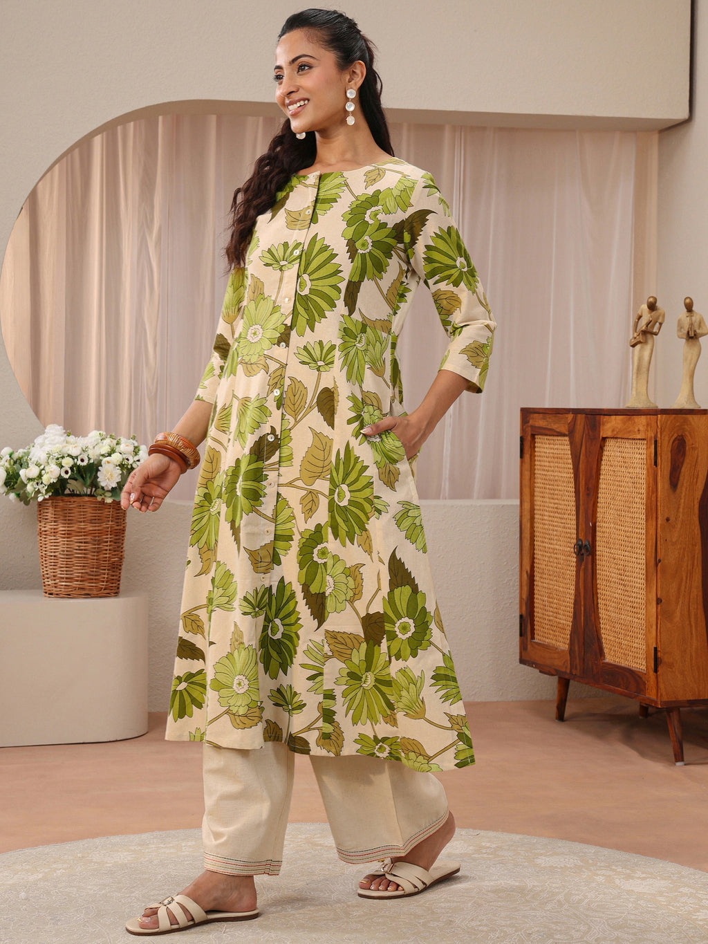 Libas Off White Floral Printed Cotton Blend A-Line Kurta