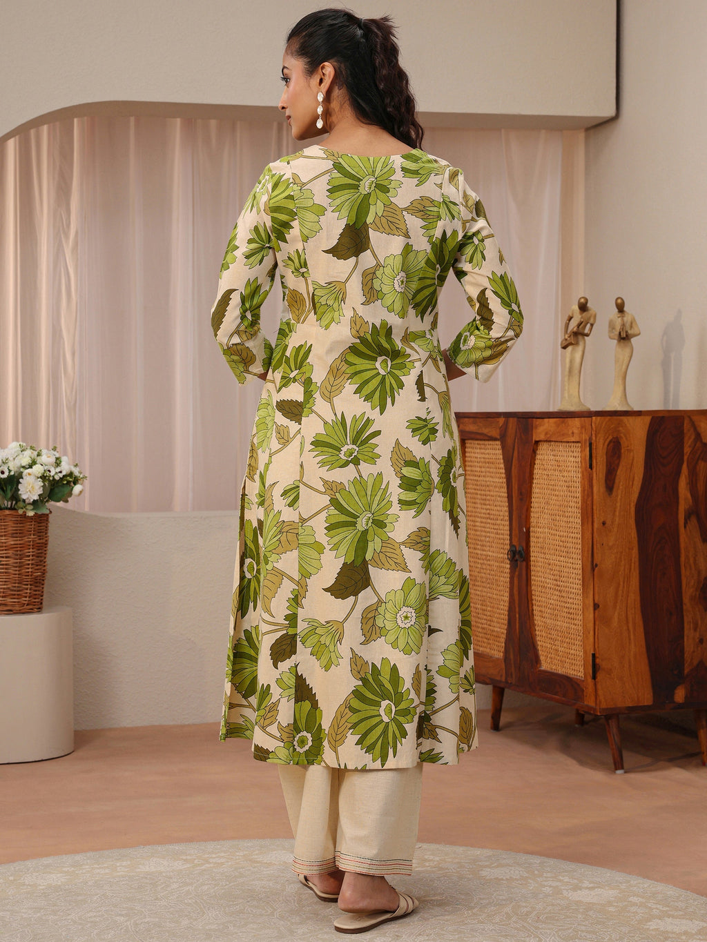 Libas Off White Floral Printed Cotton Blend A-Line Kurta
