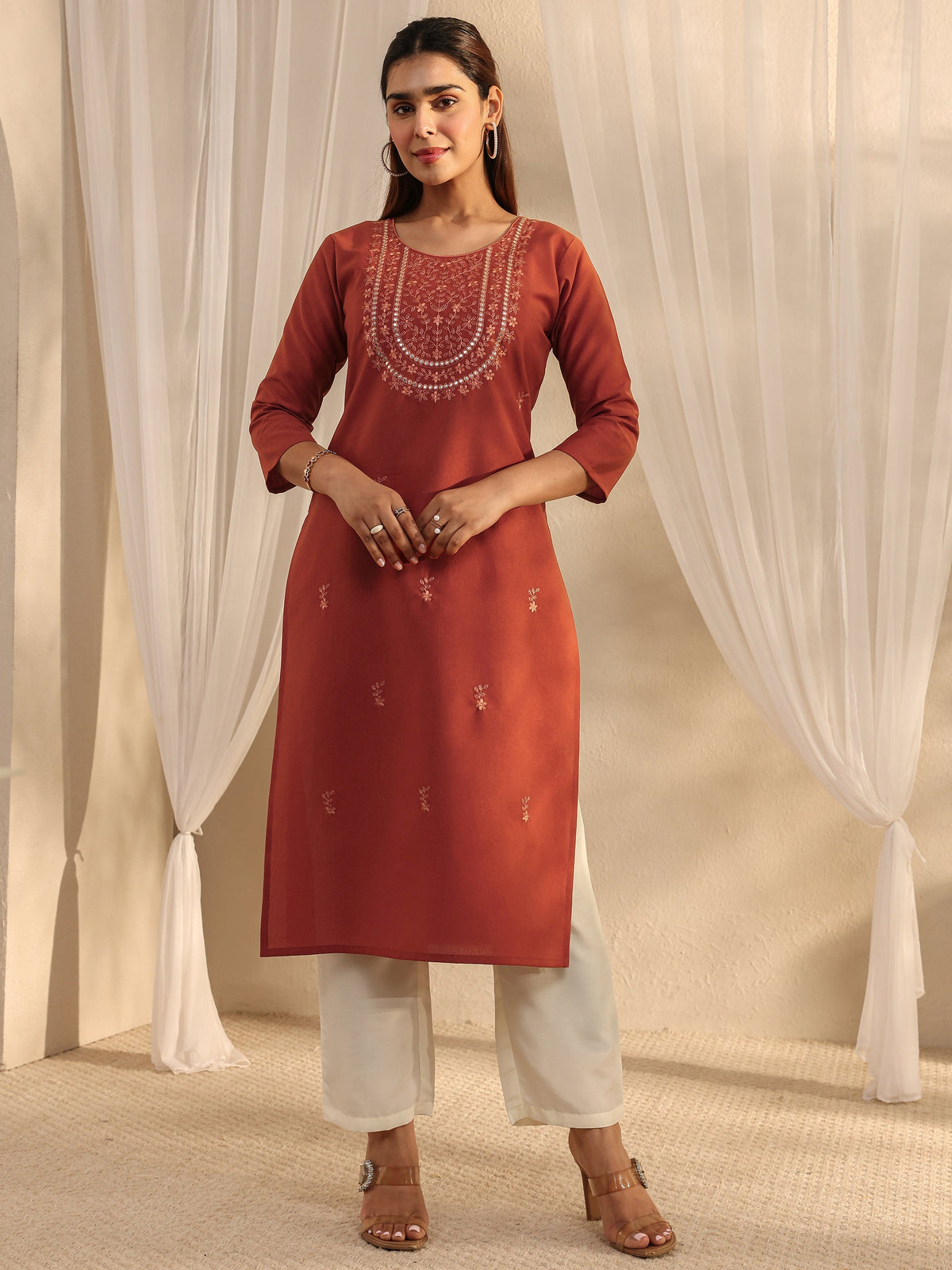 Libas Rust Floral Embroidered Silk Blend Straight Kurta