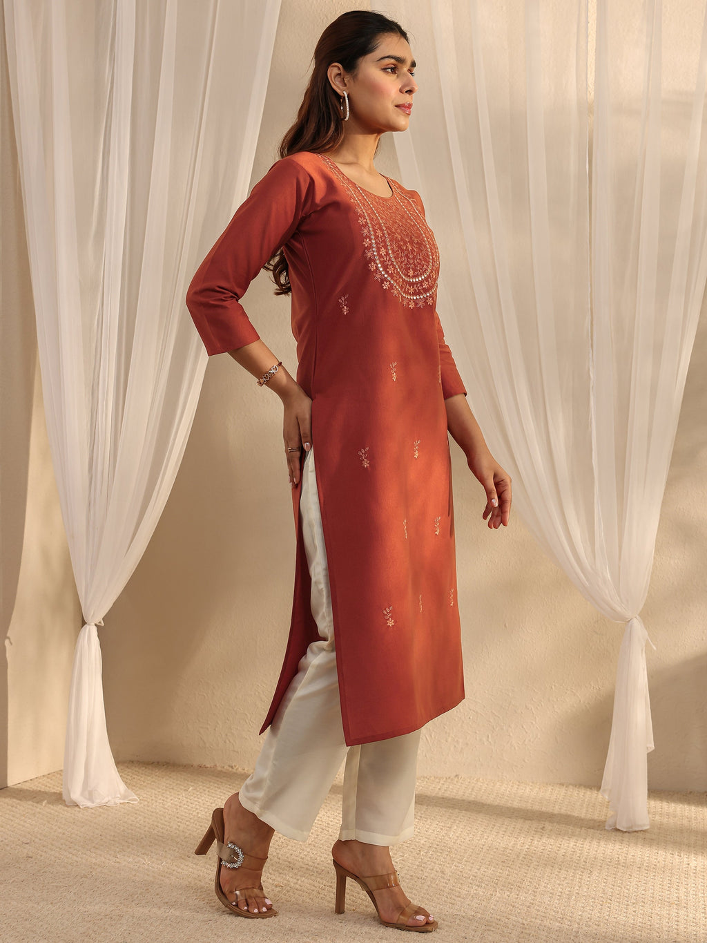Libas Rust Floral Embroidered Silk Blend Straight Kurta